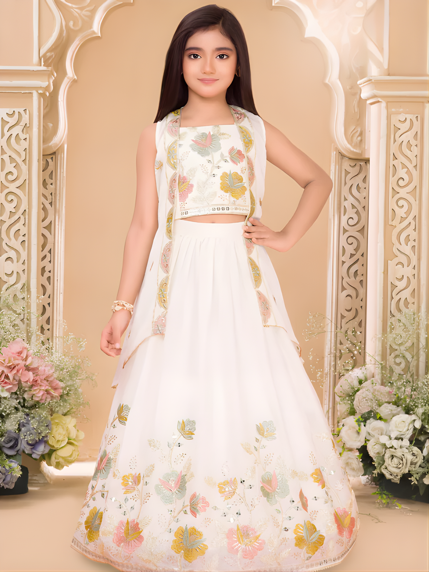 Girls' Festive Cream Sharara Set with Sequin Embroidered Choli Top