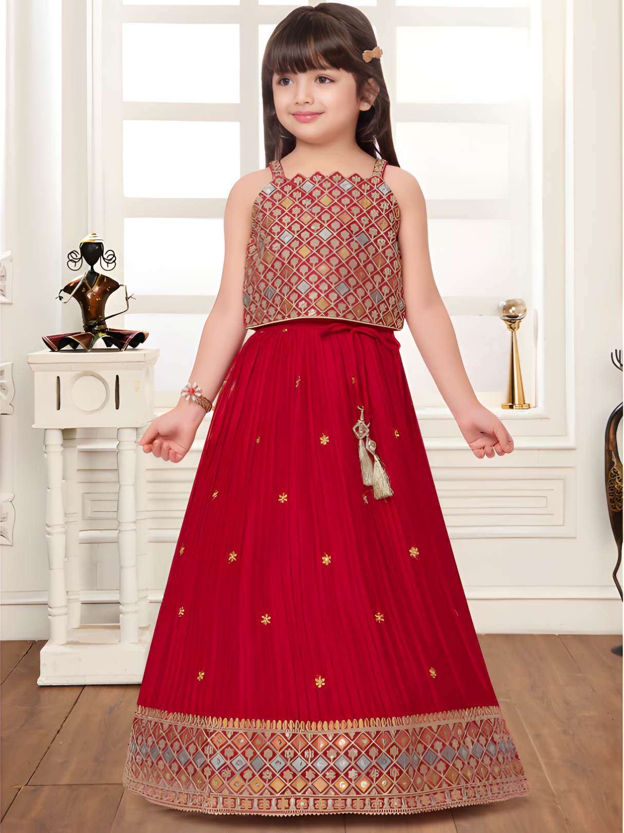 Girls' Bright Maroon Bandhani Print Lehenga Choli Set