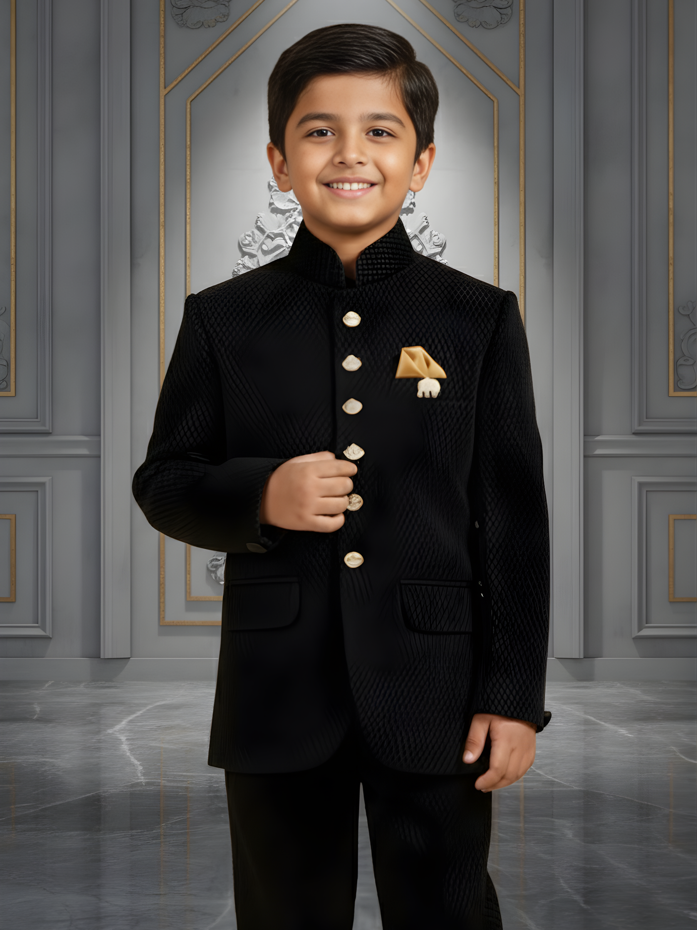 Boys' Black Jodhpur Styled Coat Suit with Gold Button Detailing