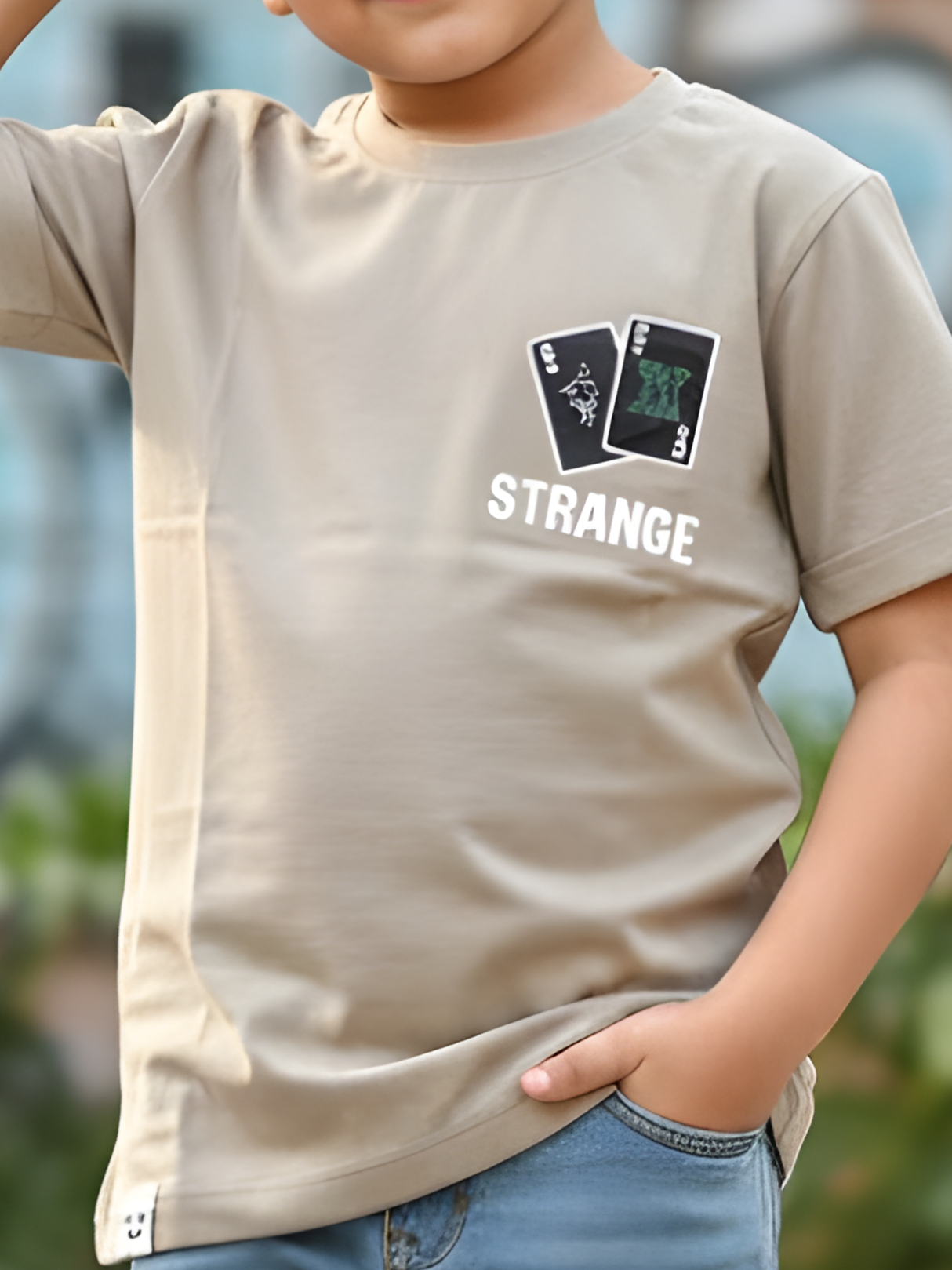 Boys' Cream Graphic Cotton T-Shirt - "STRANGE" Print