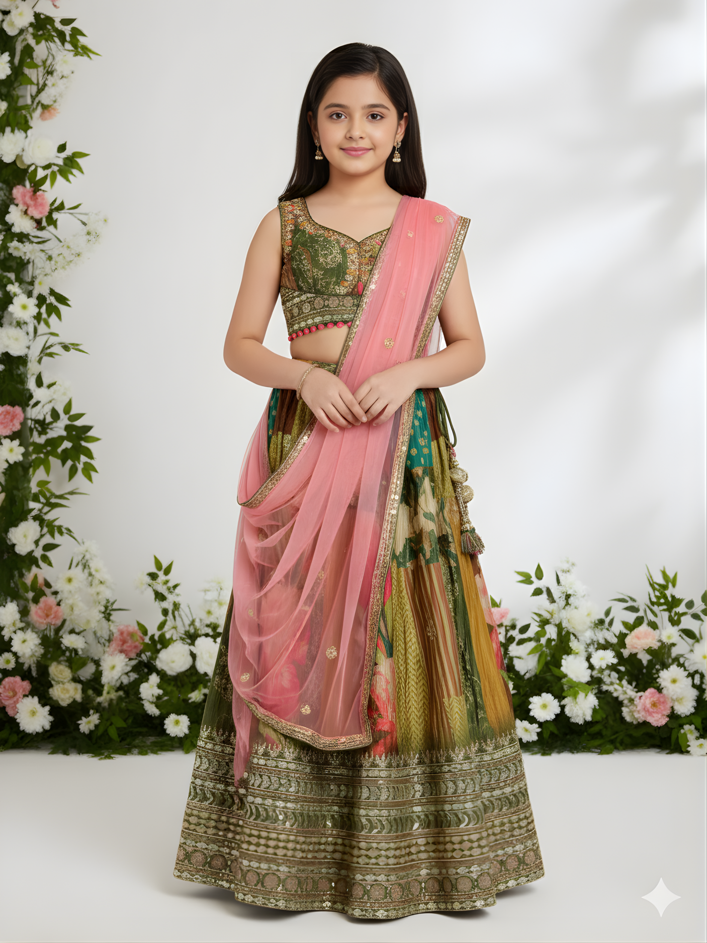 Girls' Olive Green Patchwork Print Embroidered Choli and Lehenga Set