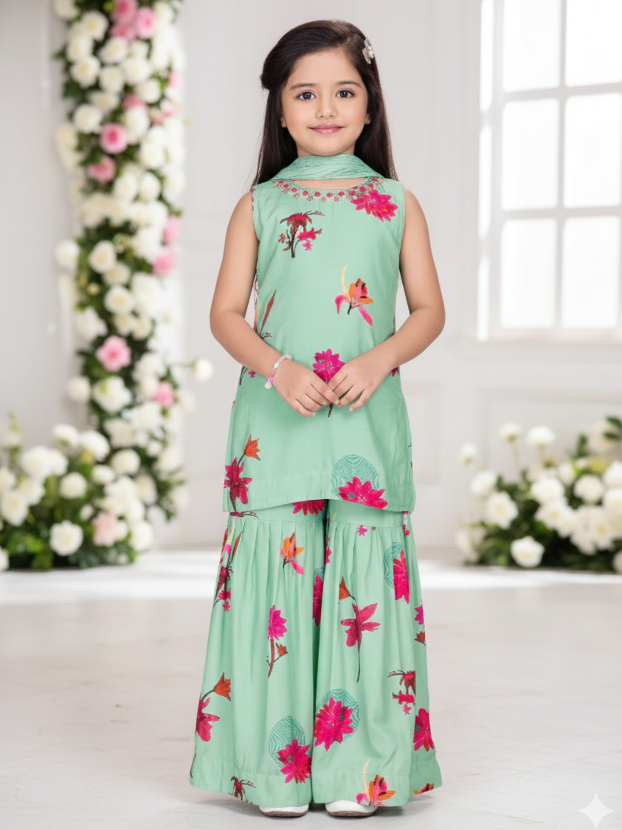 Girls' Stylish Aqua Floral Print Sleeveless Top and Sharara Set.