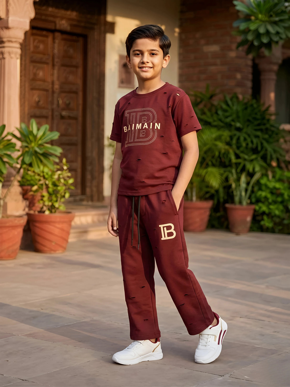 Boys’ Premium Maroon Monogram Coordinate Set