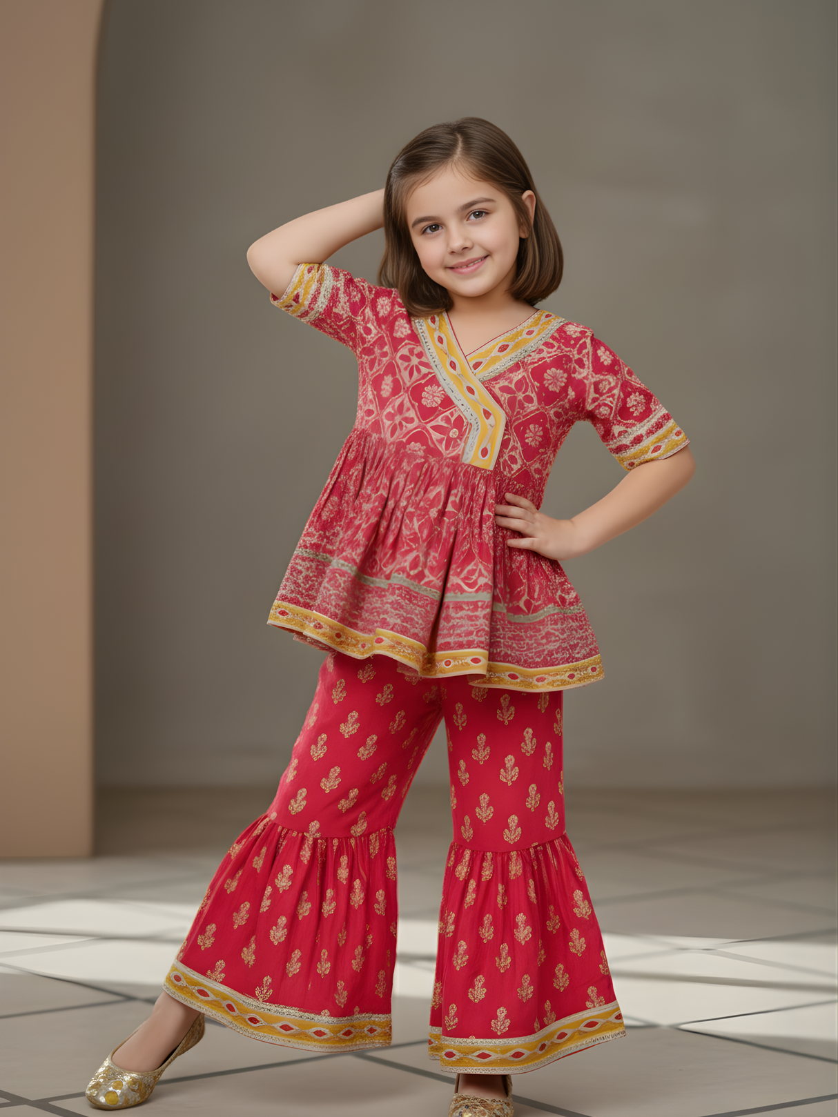 Girls' Festive Fuchsia Pink Print Angrakha Kurti and Tiered Sharara Set