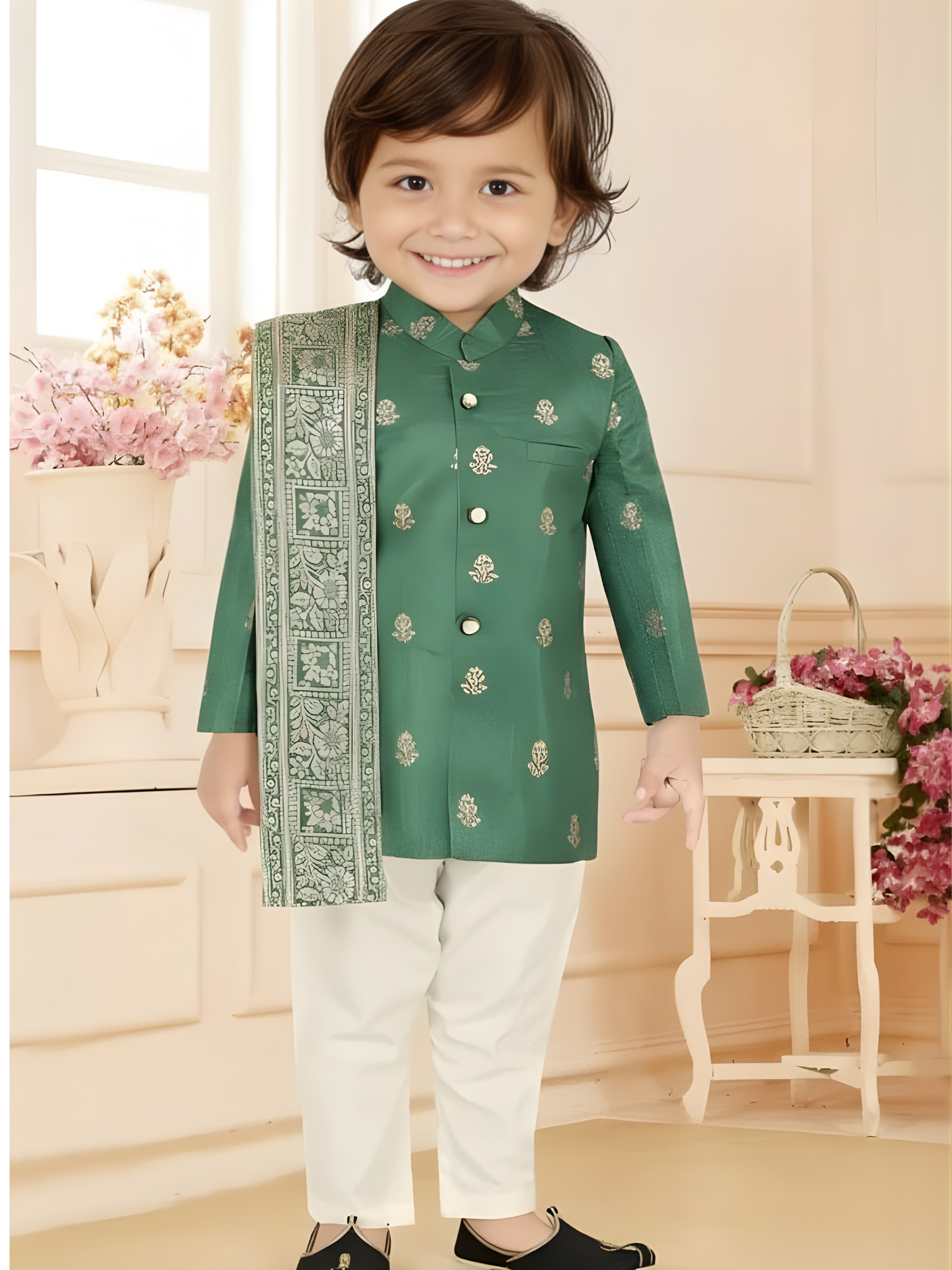 Boys' Emerald Green Brocade Kurta Pajama Set with Contrast Dupatta