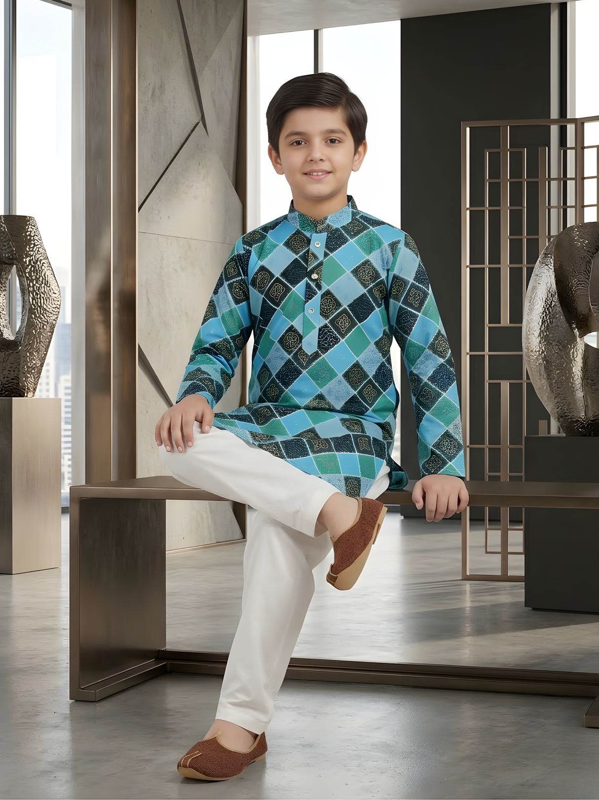 Boys' Blue & Black Geometric Print Kurta with Pyjama Set.