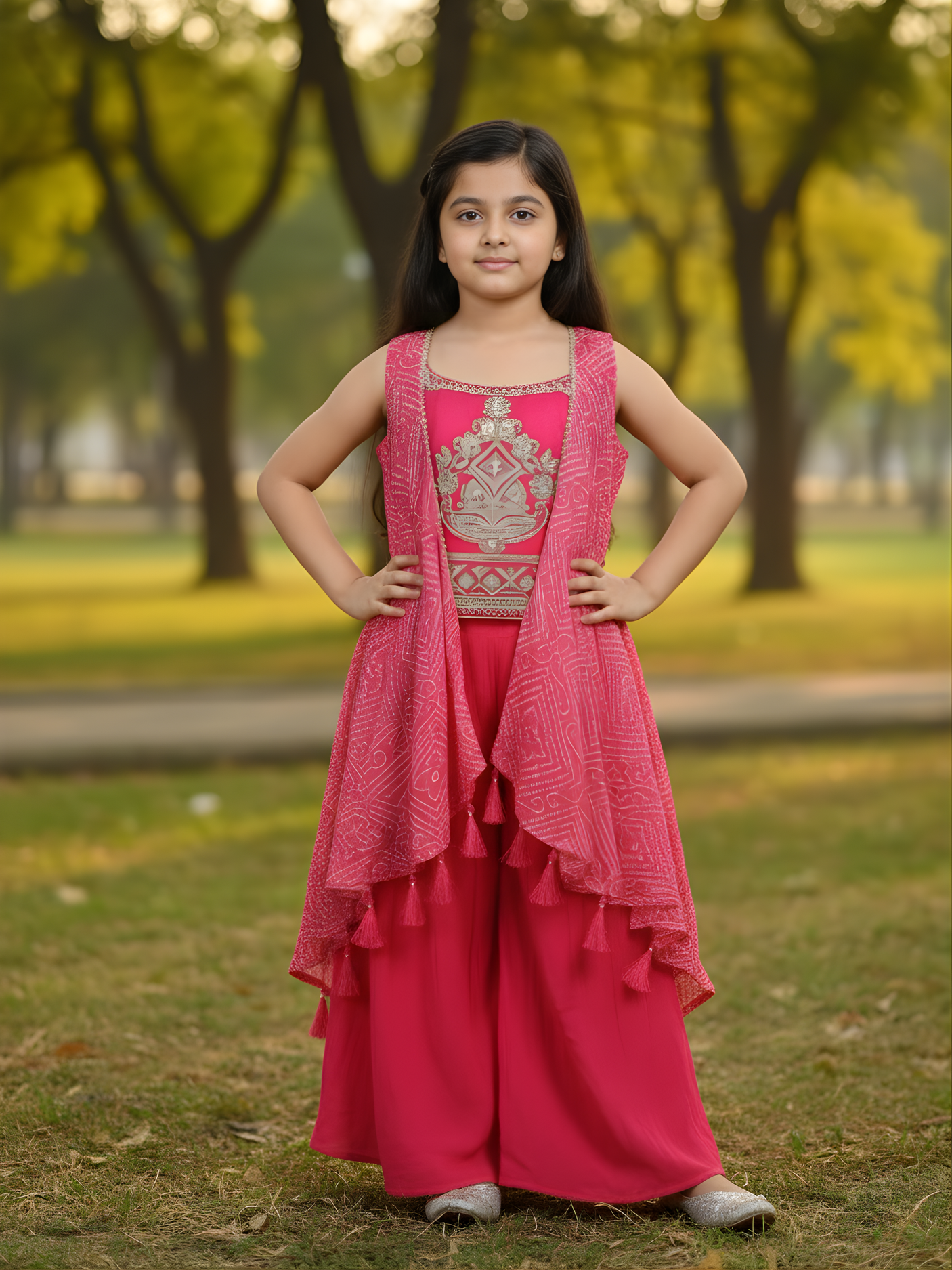 Girls Rani Pink Embroidered Kurta & Sharara Set with Bandhani Shrug