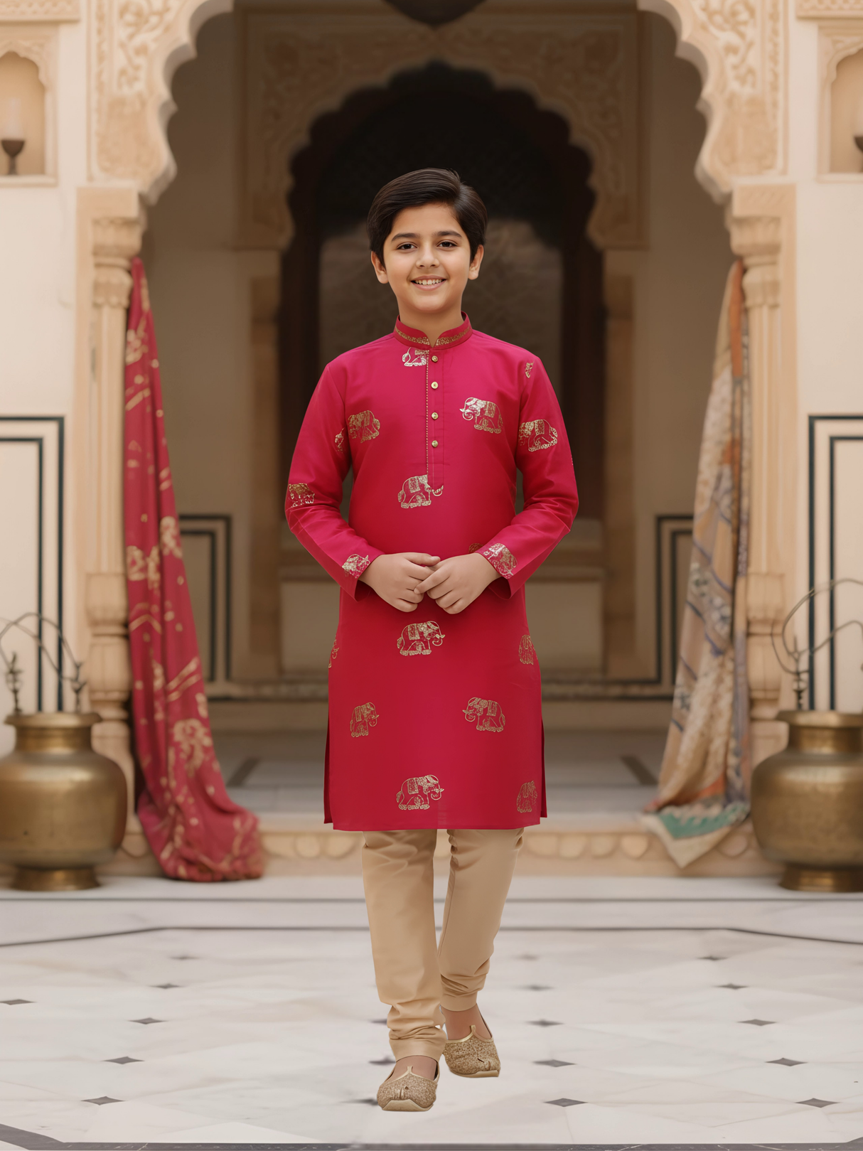 Boys Rani Pink Silk Kurta Set with Gold Elephant Motifs