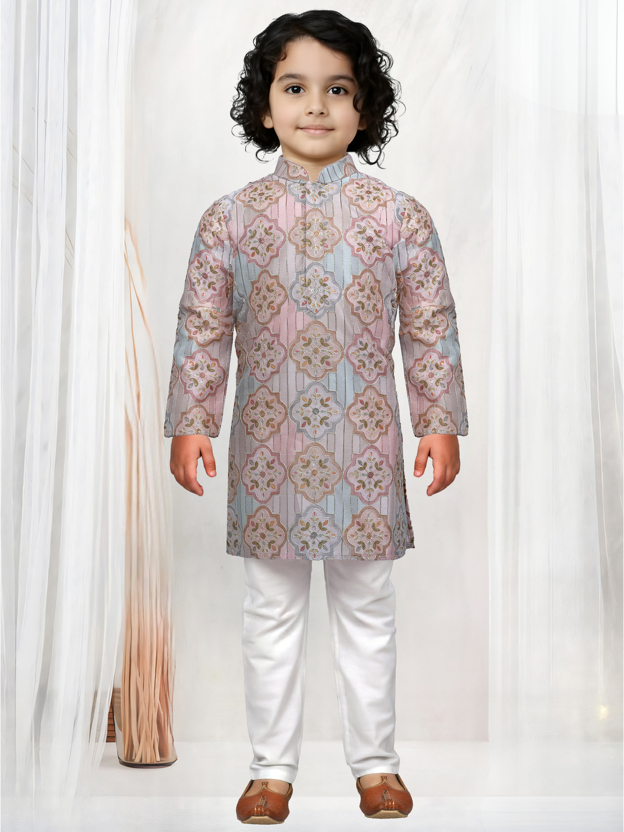 Cream Embroidered Kurta Set with Pastel Pattern for Boys