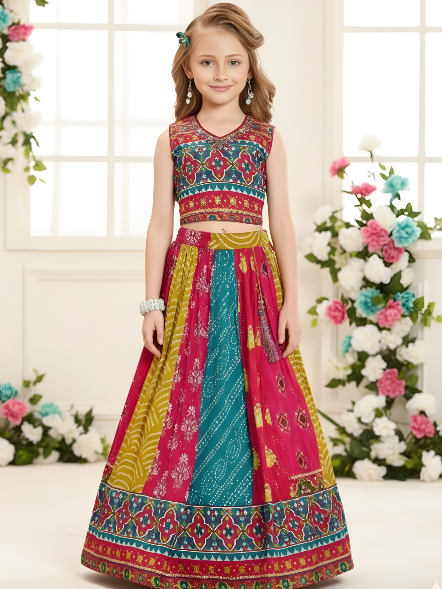 Vibrant Multi-Color Bandhani Style Print Kids Lehenga Choli Set