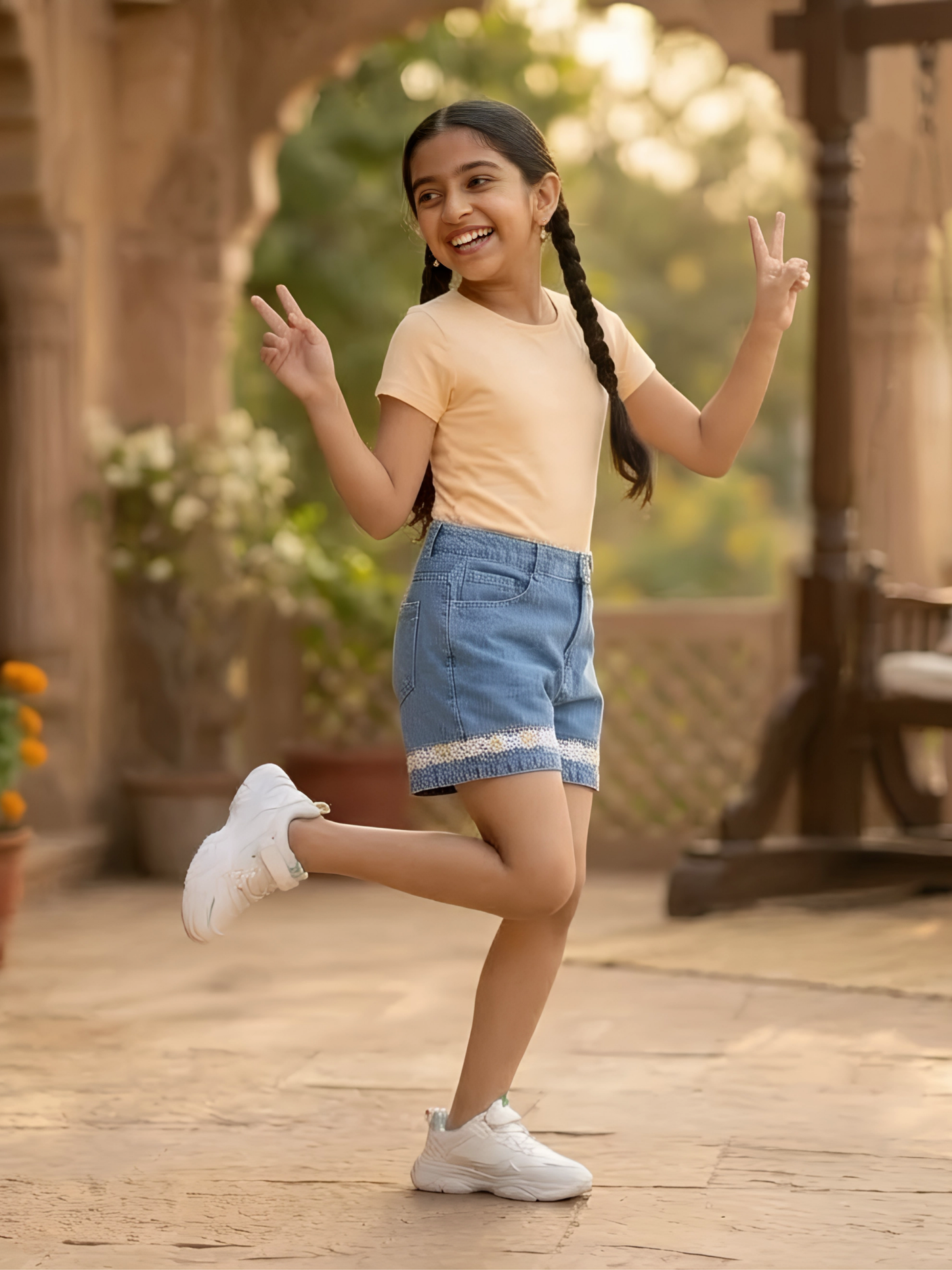 Girls Casual Blue Denim Shorts with Embroidered Hem