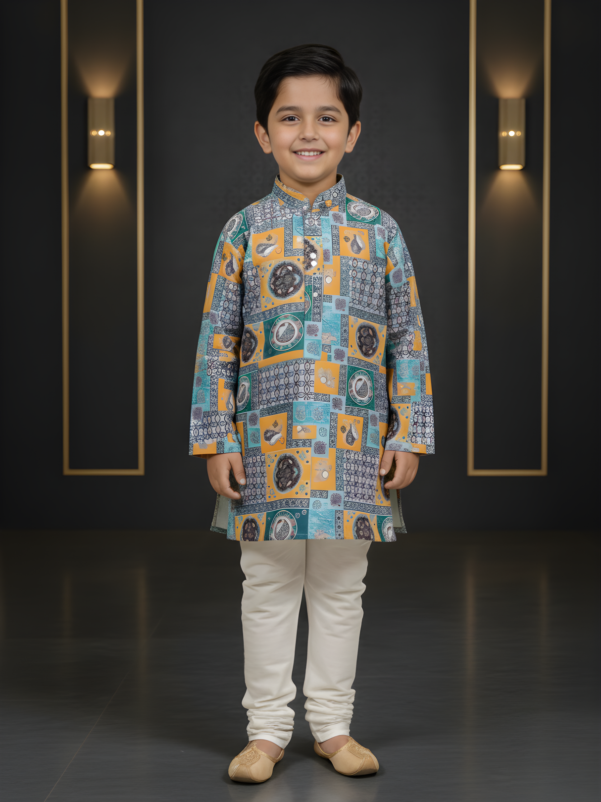 Boys Mustard Yellow Mughal Heritage Print Kurta Set.