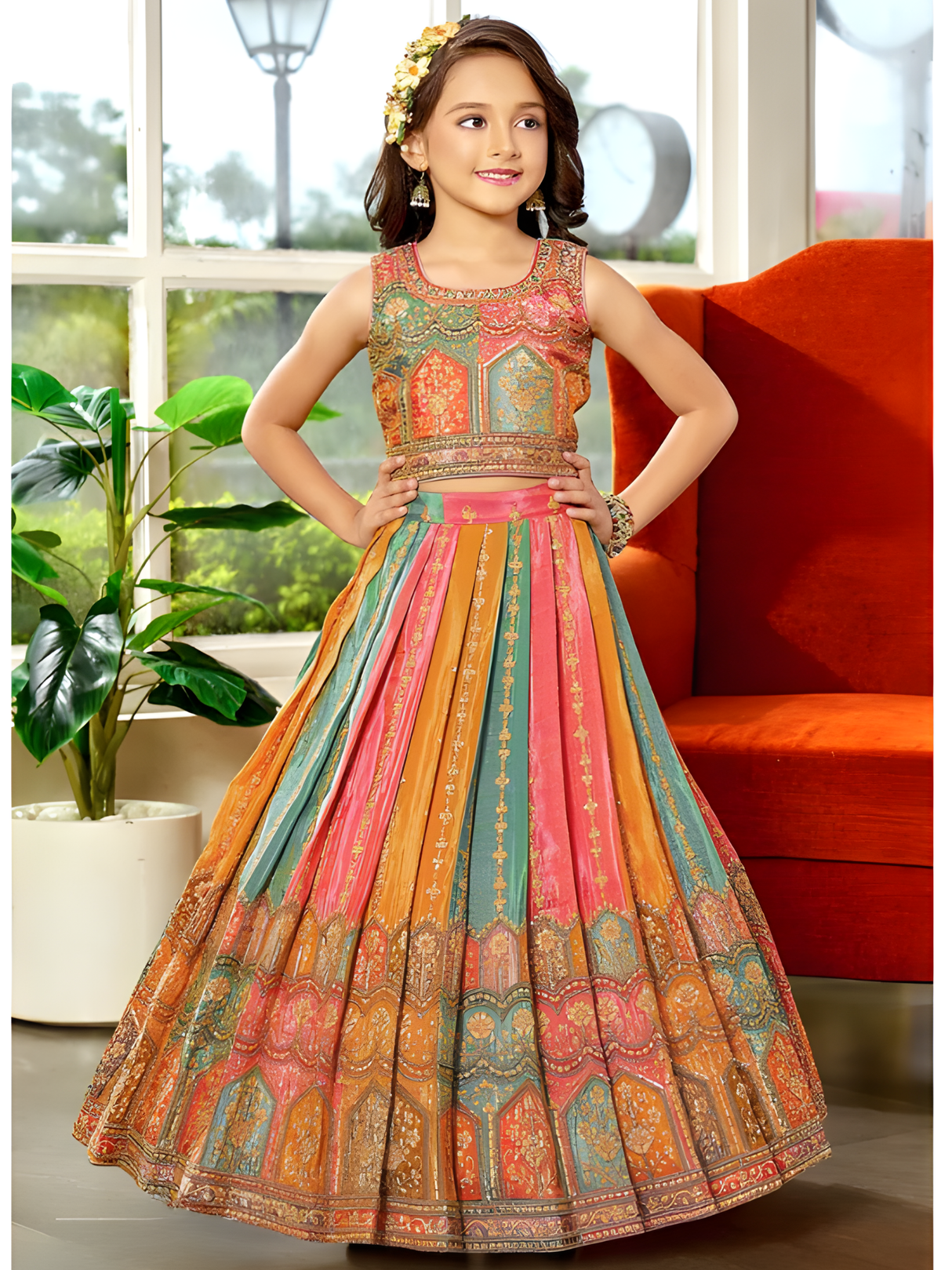 Girls' Teal & Pink Large Floral Printed Lehenga Choli