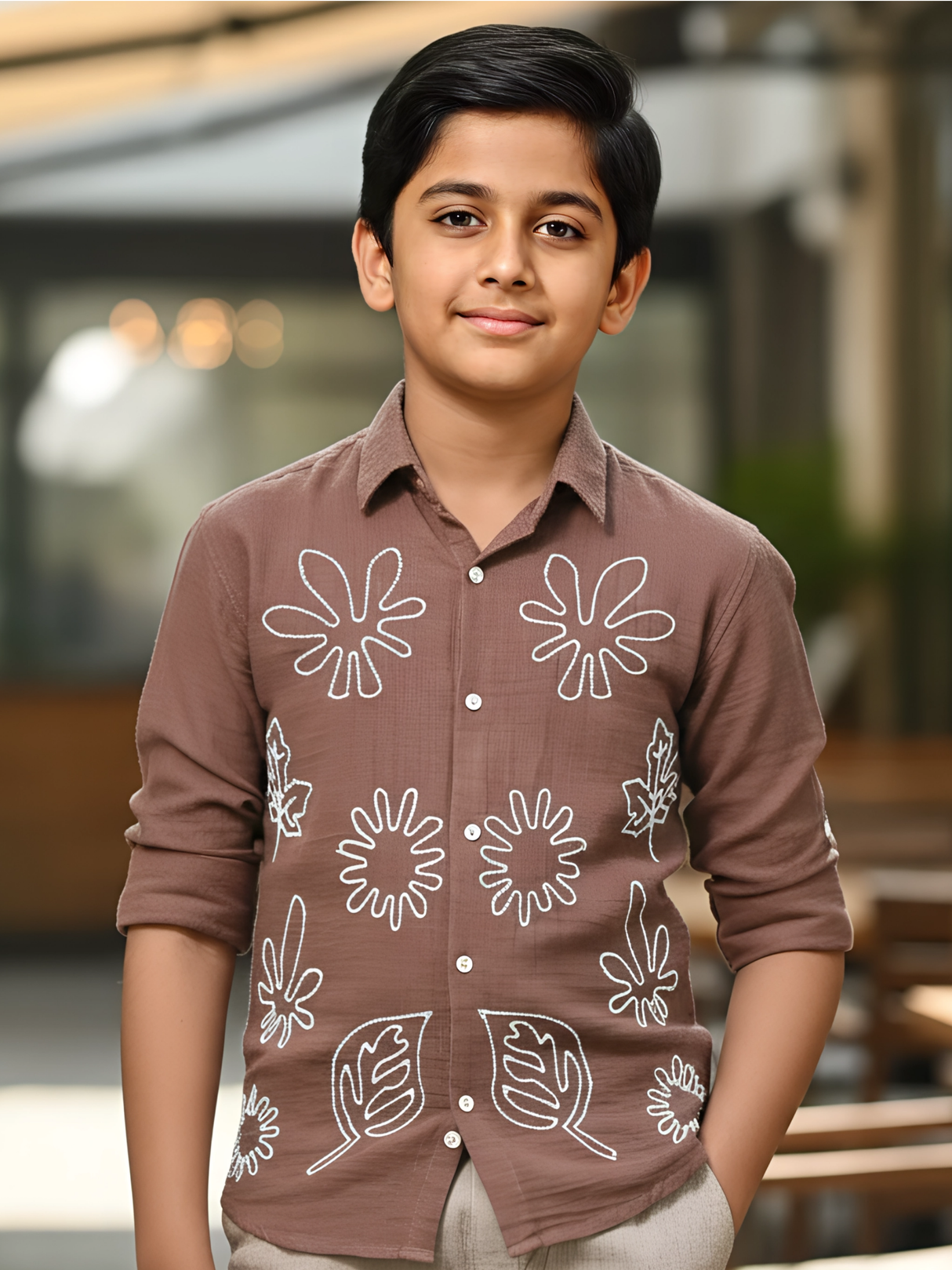 Boys' Brown/Peach Casual Shirt with White Floral Appliqué