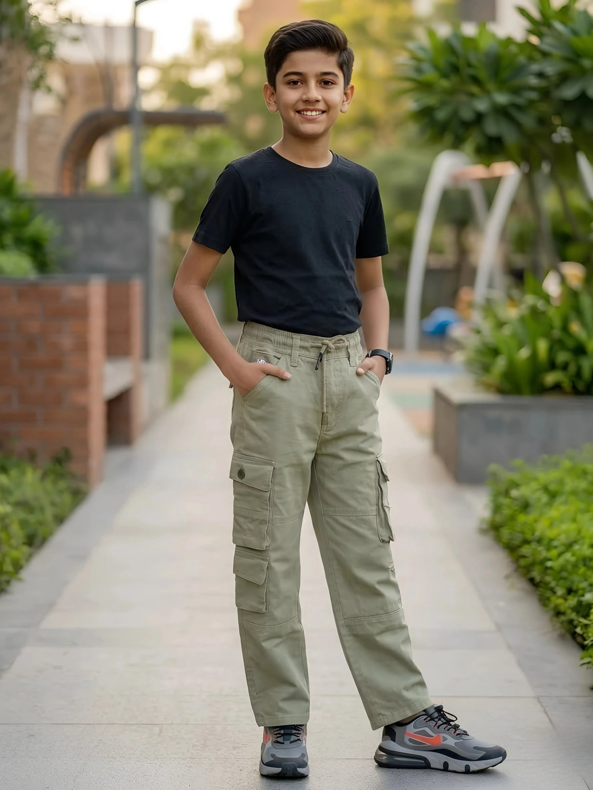 Kids' Utility Cargo Pants - Olive Green Multi-Pocket Drawstring Trousers.