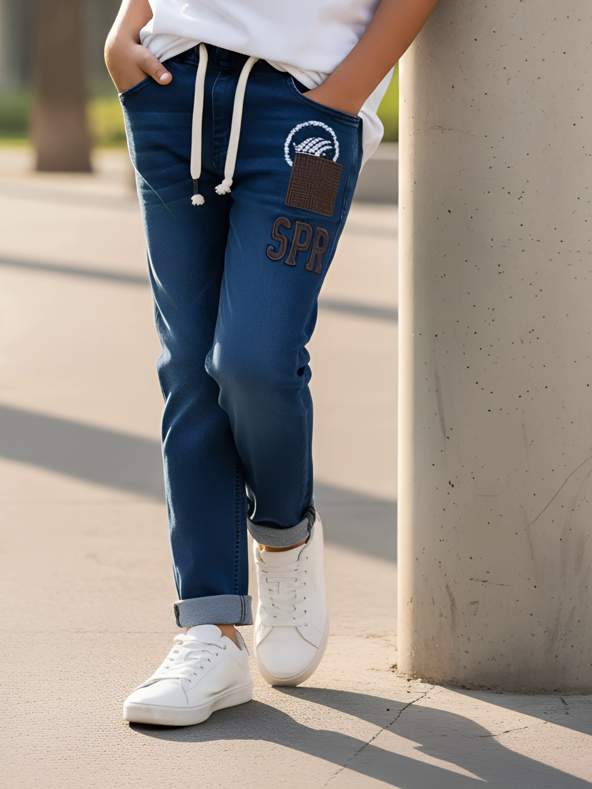 Boys' Dark Wash Denim Patchwork Jeans with Drawstring Waist