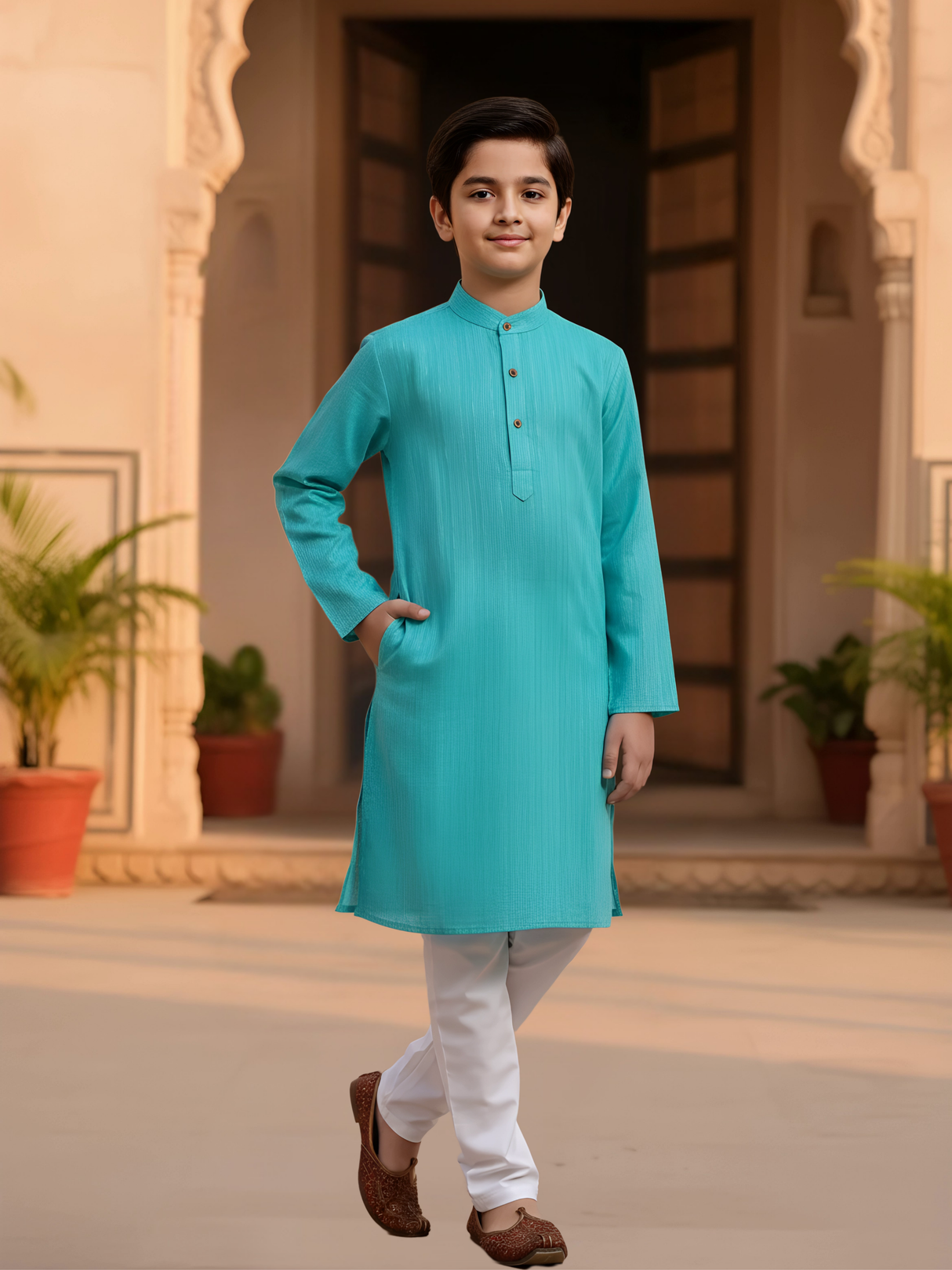 Boys Elegant Green Cotton Kurta Set with White Pajama