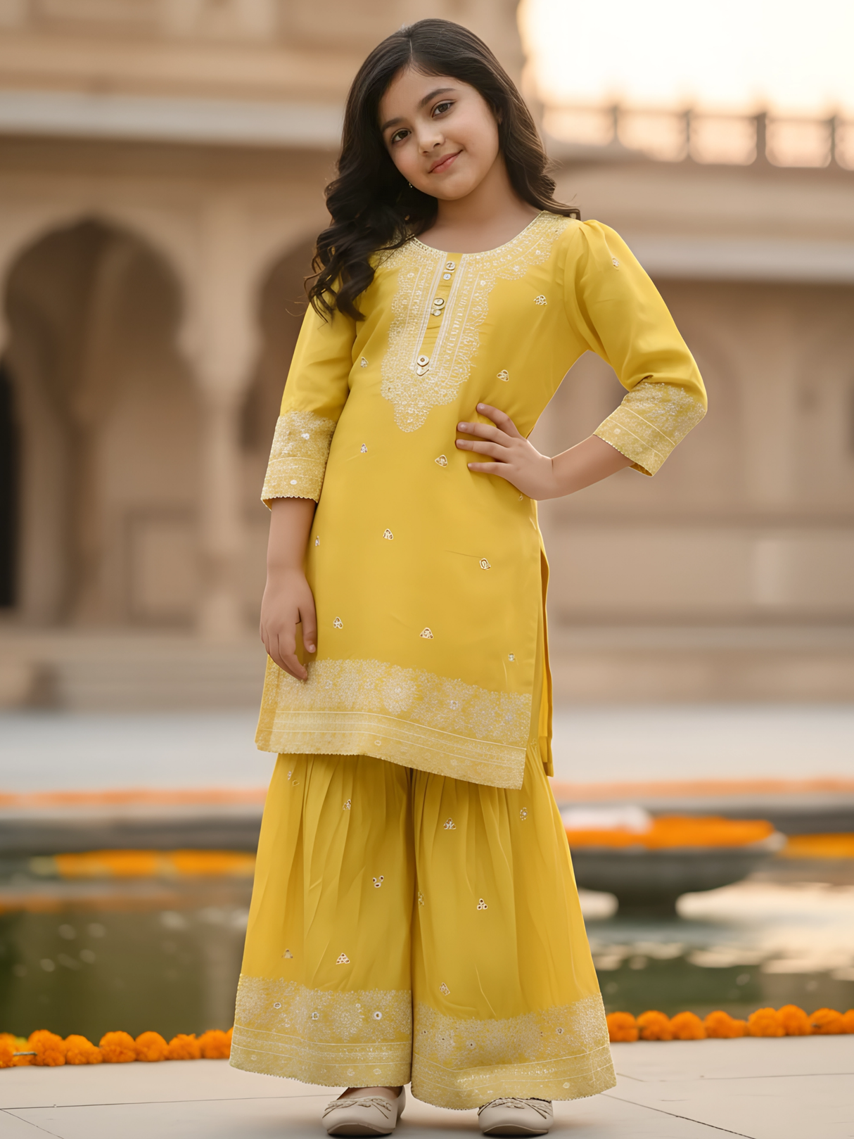 Girls Yellow Embroidered Kurti-Sharara Set