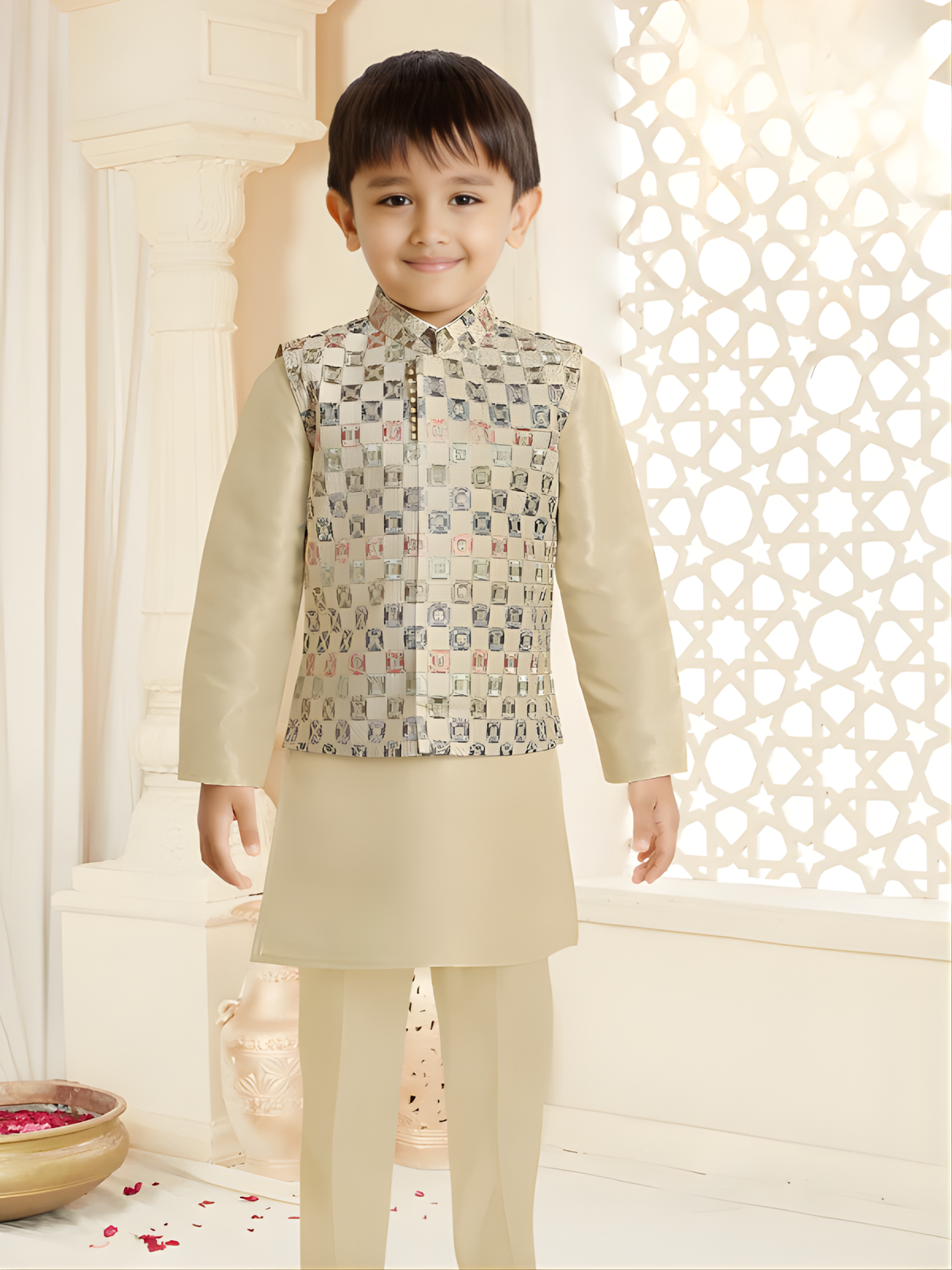 Boys' Festive Beige/Cream Kurta Set with Multi-Color Patterned Waistcoat