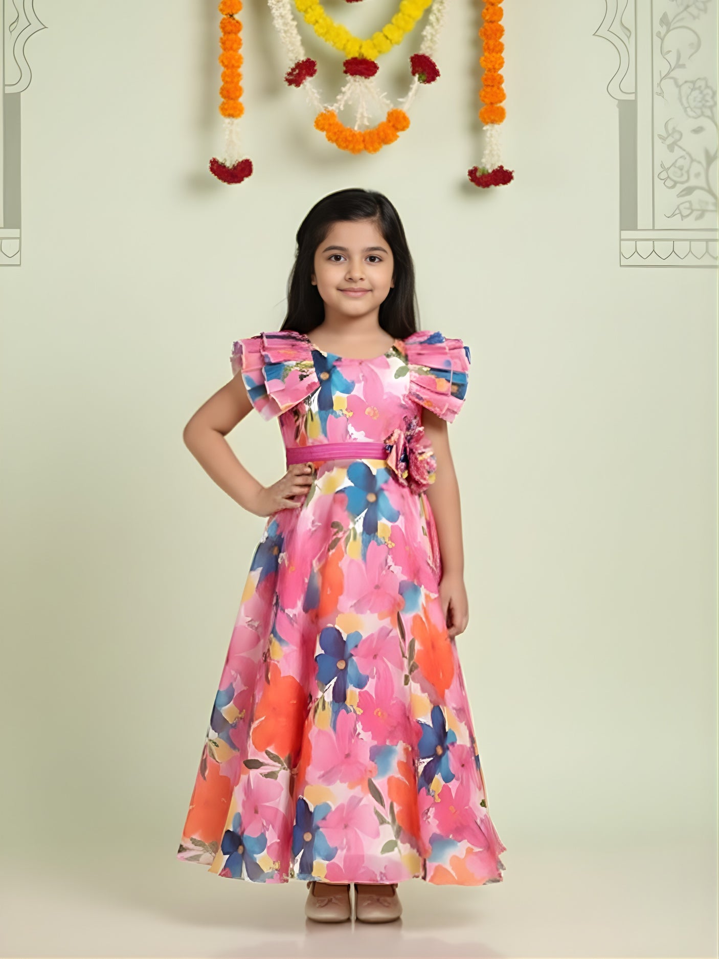 Girls Party Plain Satin 3/4th Sleeves Western Gown - Rani