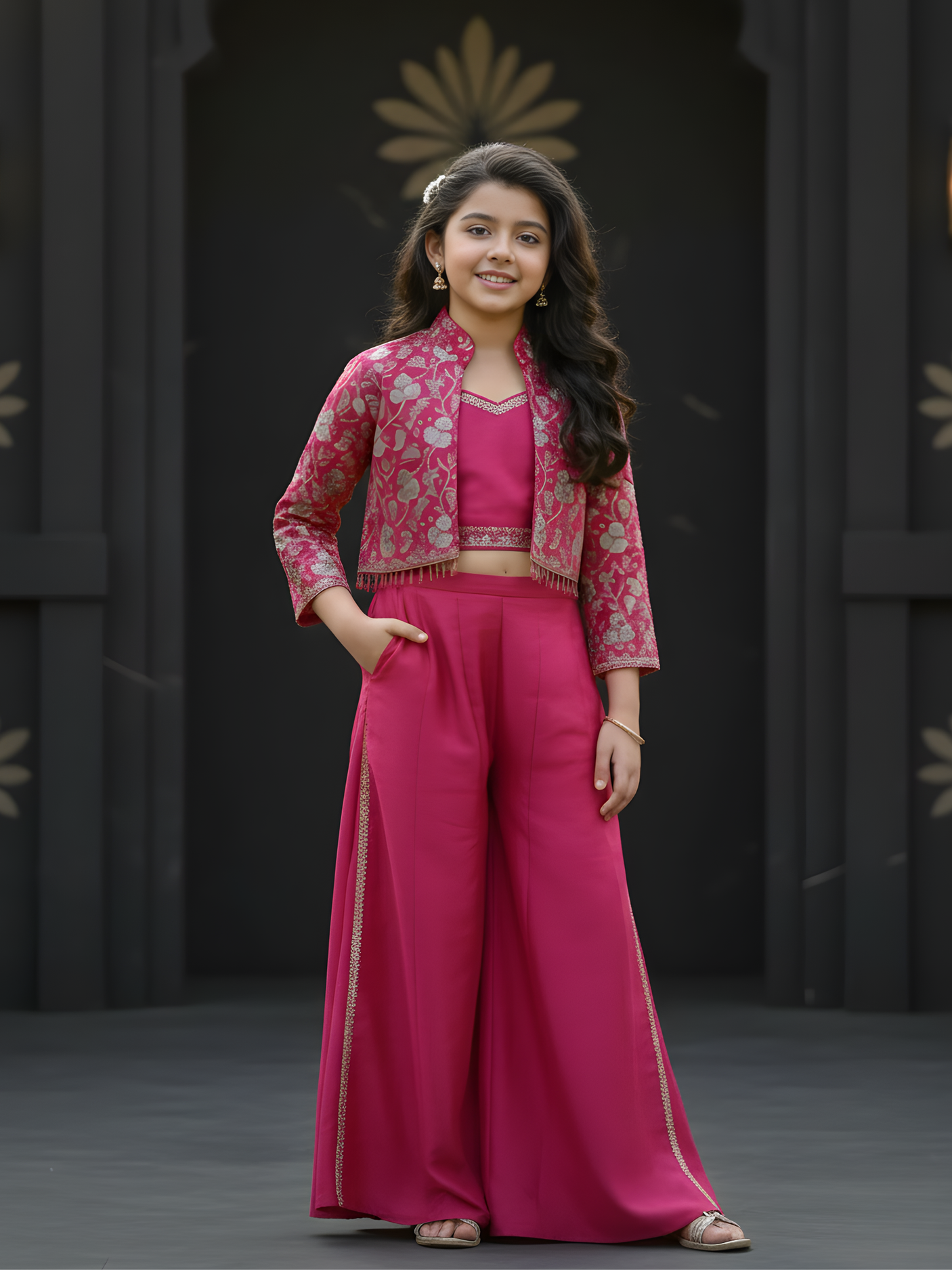 Girls Rani Pink Embroidered Jacket and Palazzo Set