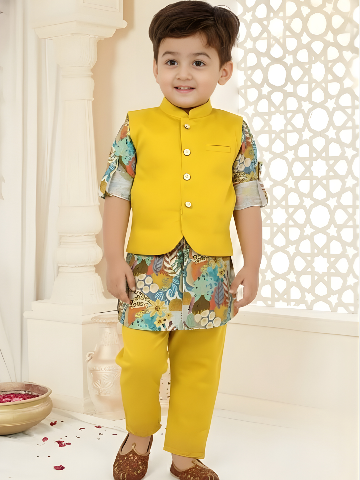 Boys' Yellow Kurta Set with Aqua-Green Printed