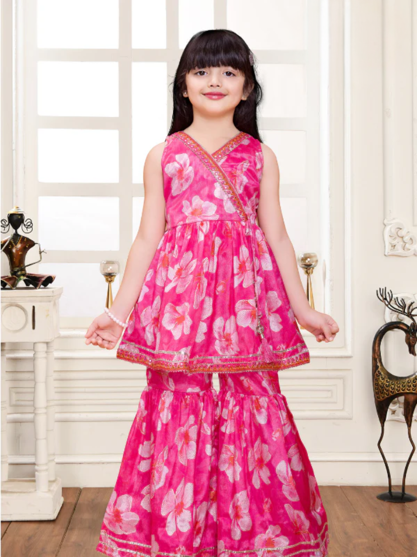 Girls' Festive Fuchsia Pink Kurta and Printed Sharara Set