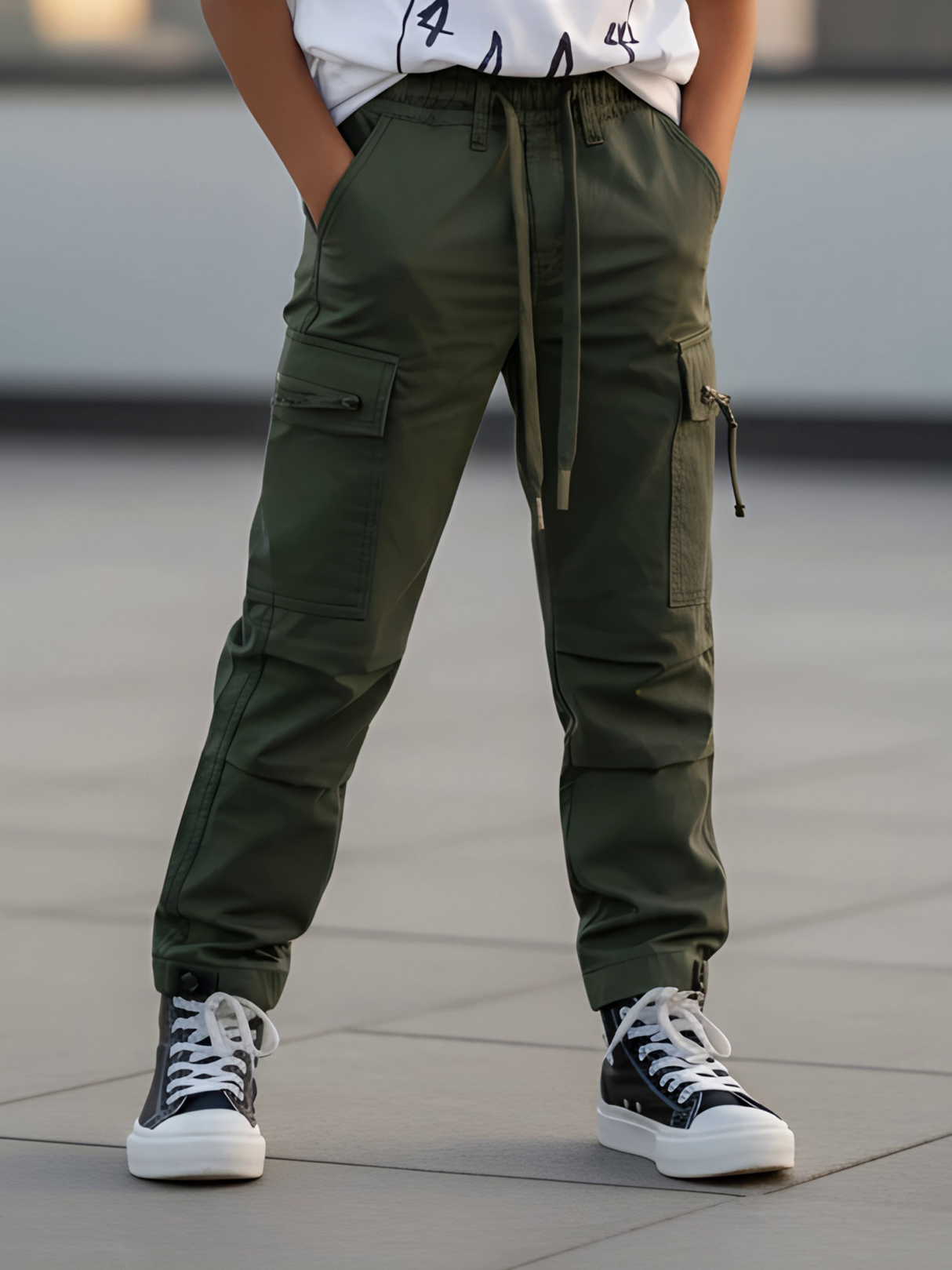 Boys' Olive Green Casual Utility Pants with Elastic Waist