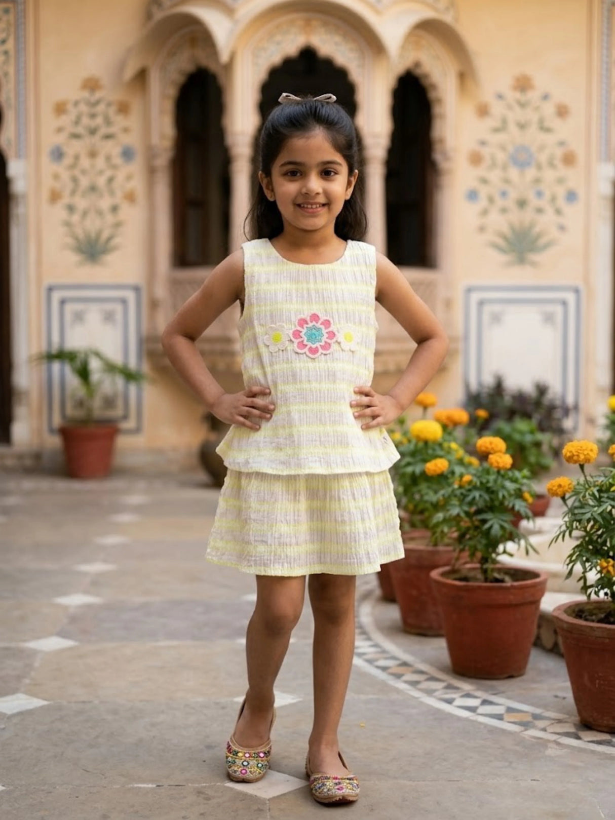 Girls Lime Green Striped Floral Frock