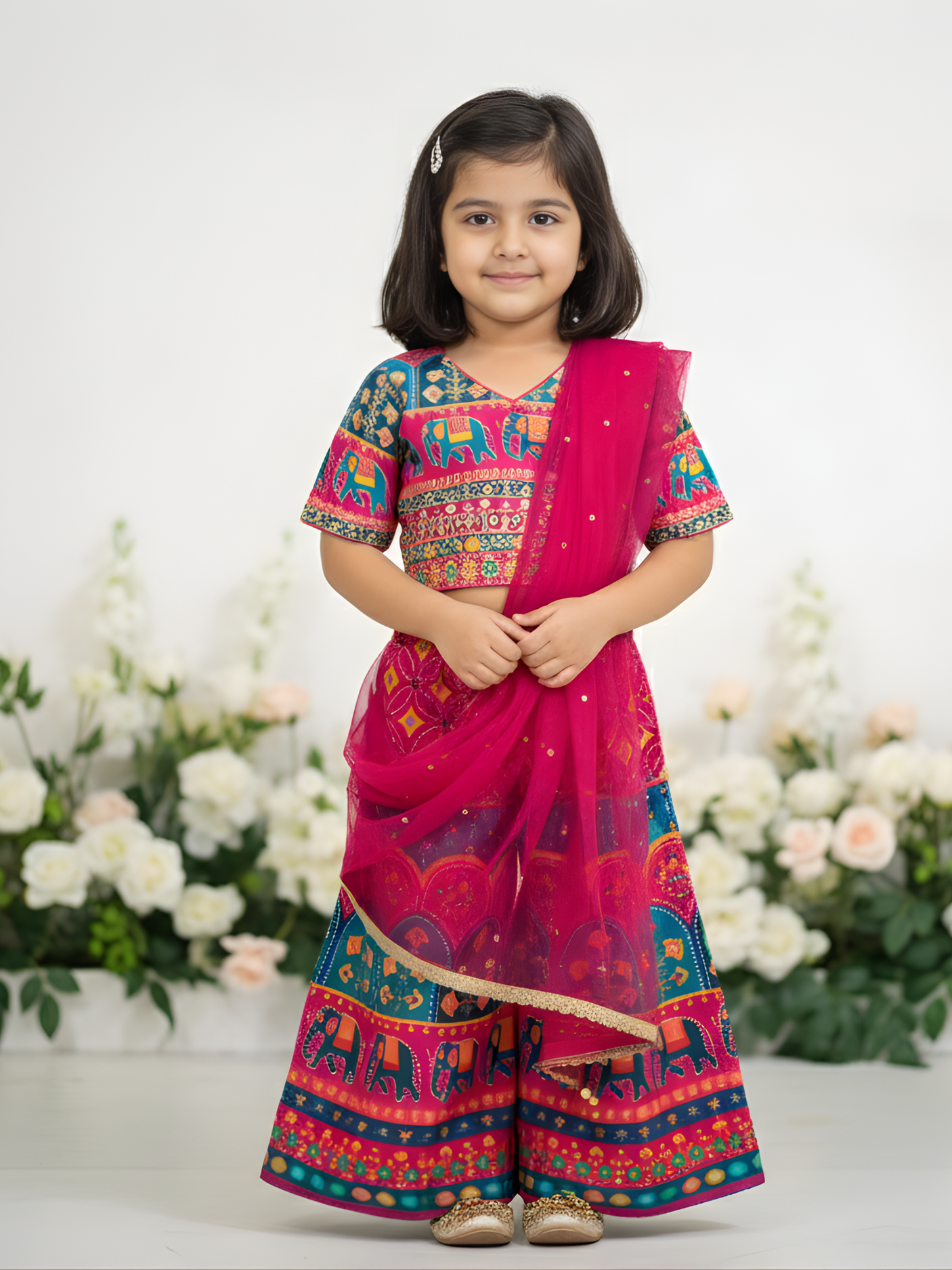 Girls' Festive Fuchsia Pink Embroidered Crop Top and Palazzo Set