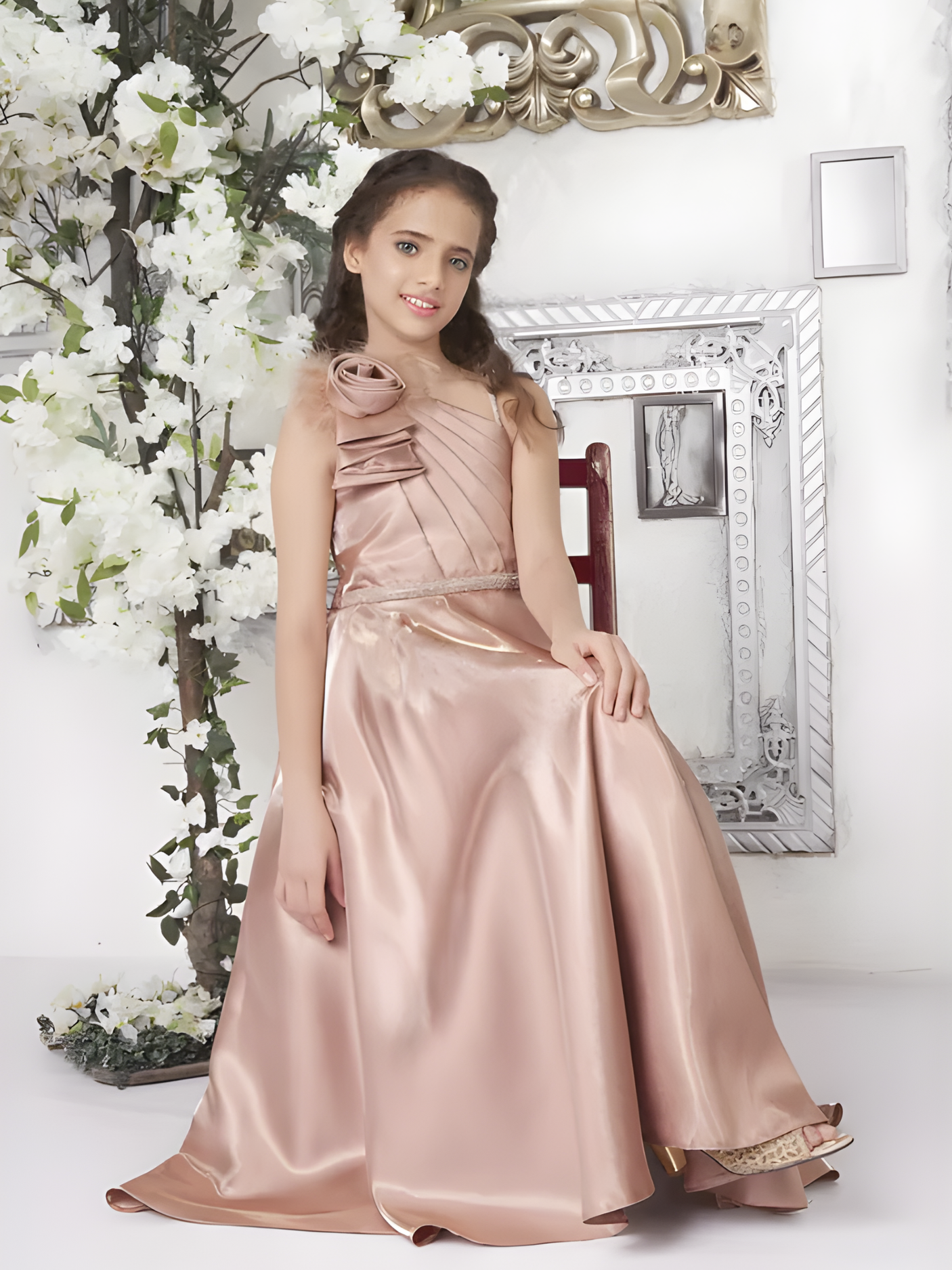 Girls Party Plain Satin Western Gown With Work - Brown