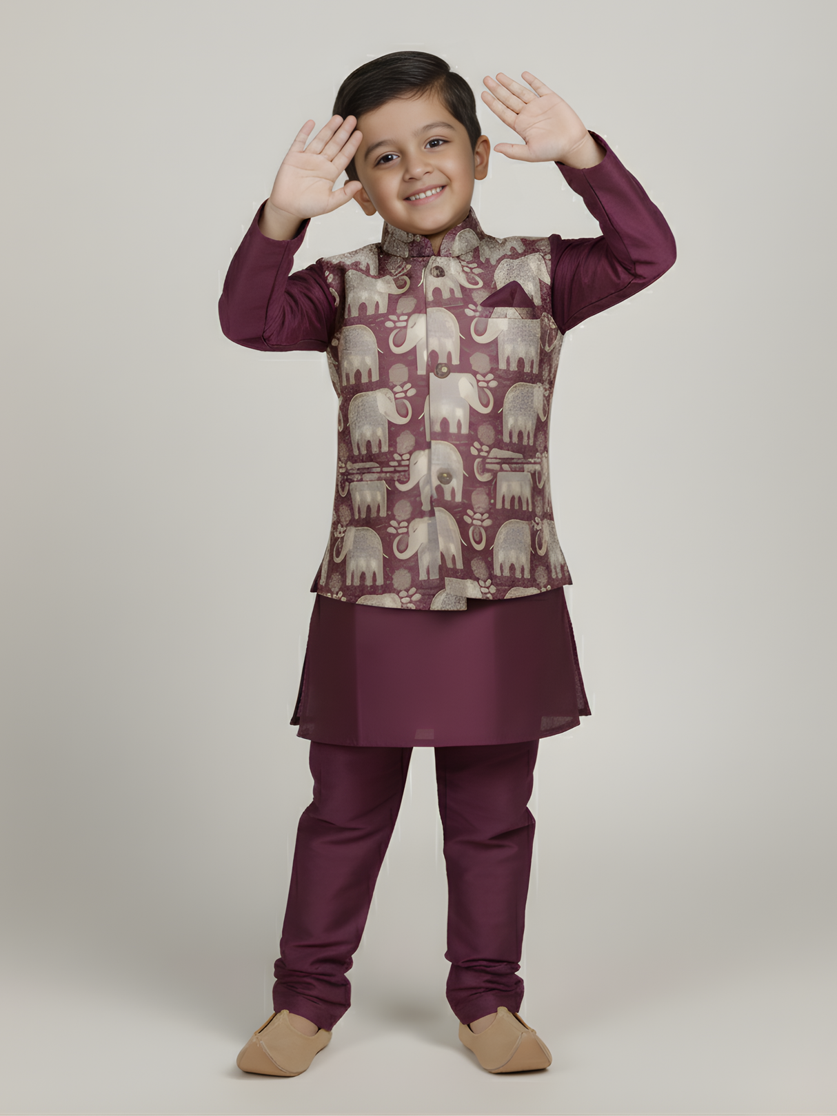 Boys' Regal Purple Kurta Pajama with Elephant Print Nehru Jacket