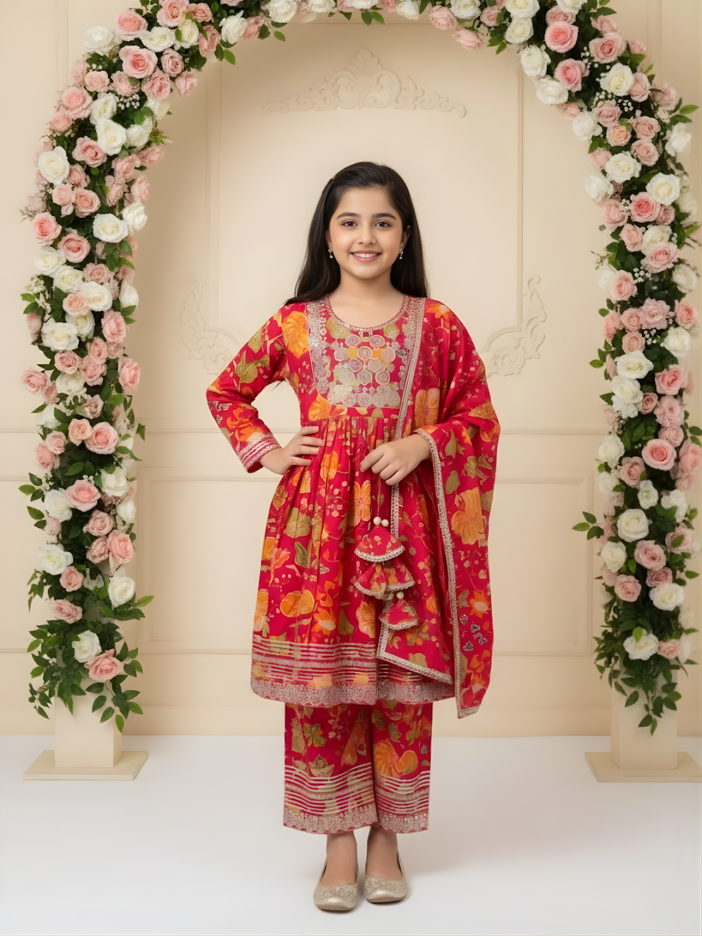 Girls' Rani Pink Floral Anarkali Suit Set with Embroidered Neckline