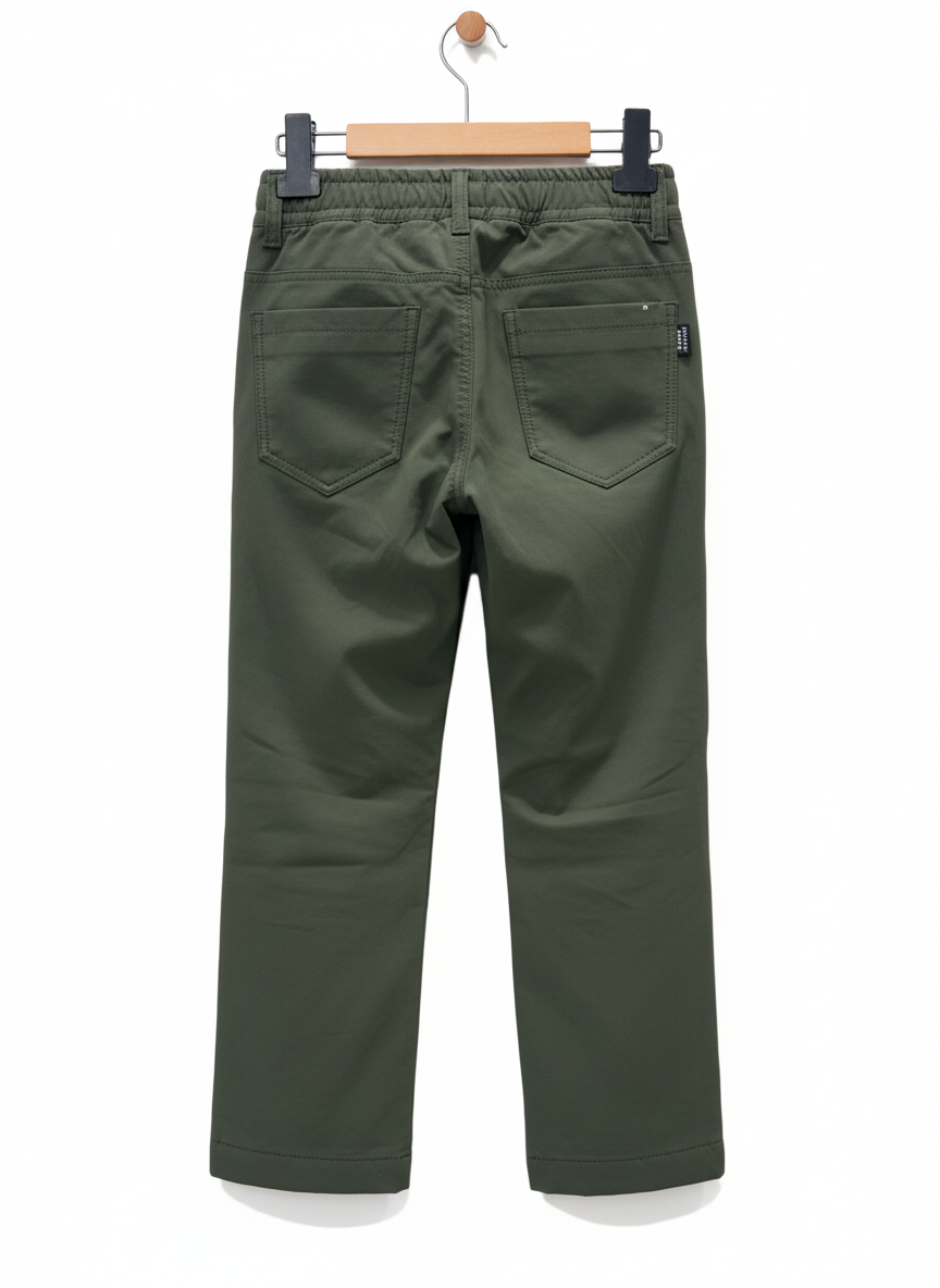 Boys' Olive Green Casual Utility Pants with Elastic Waist (Rear View).