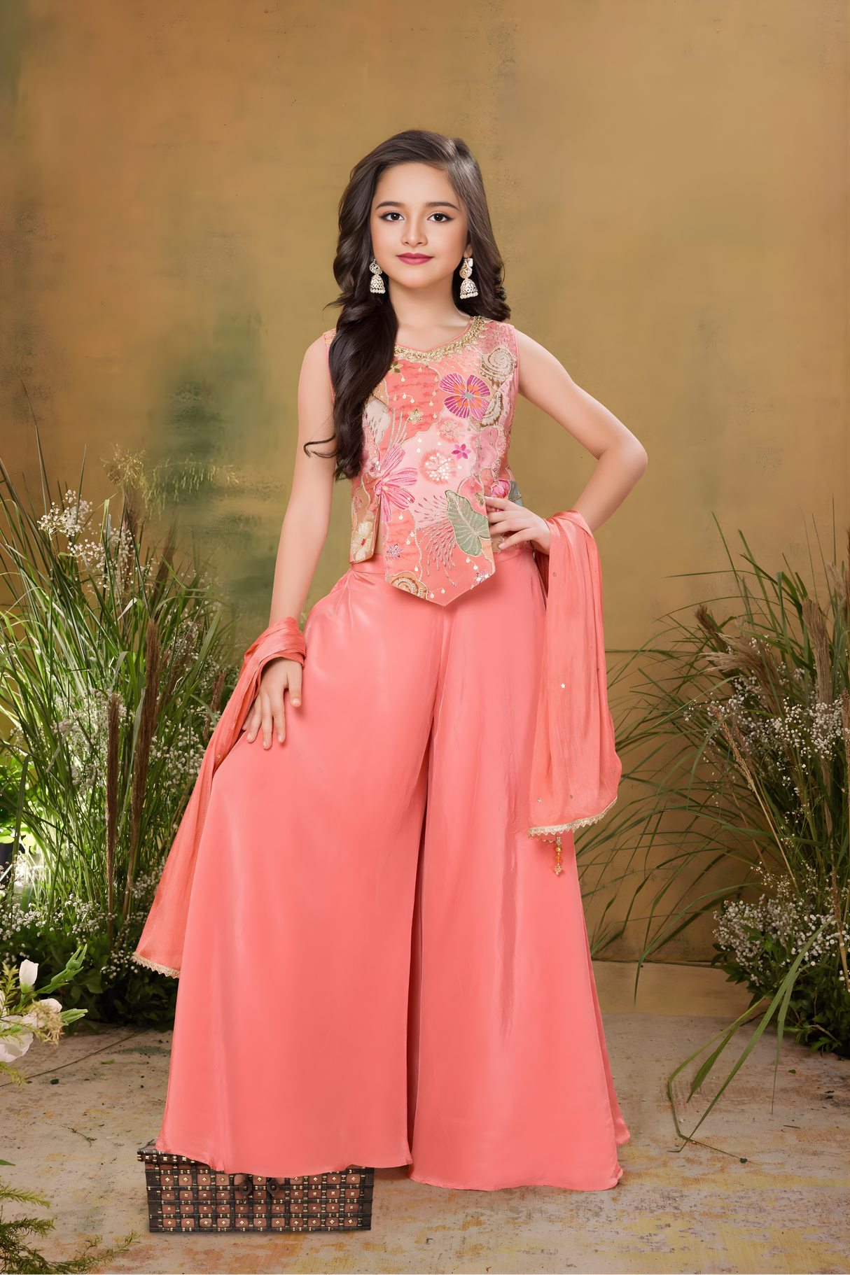 Girls' Floral Embroidered Sharara Set