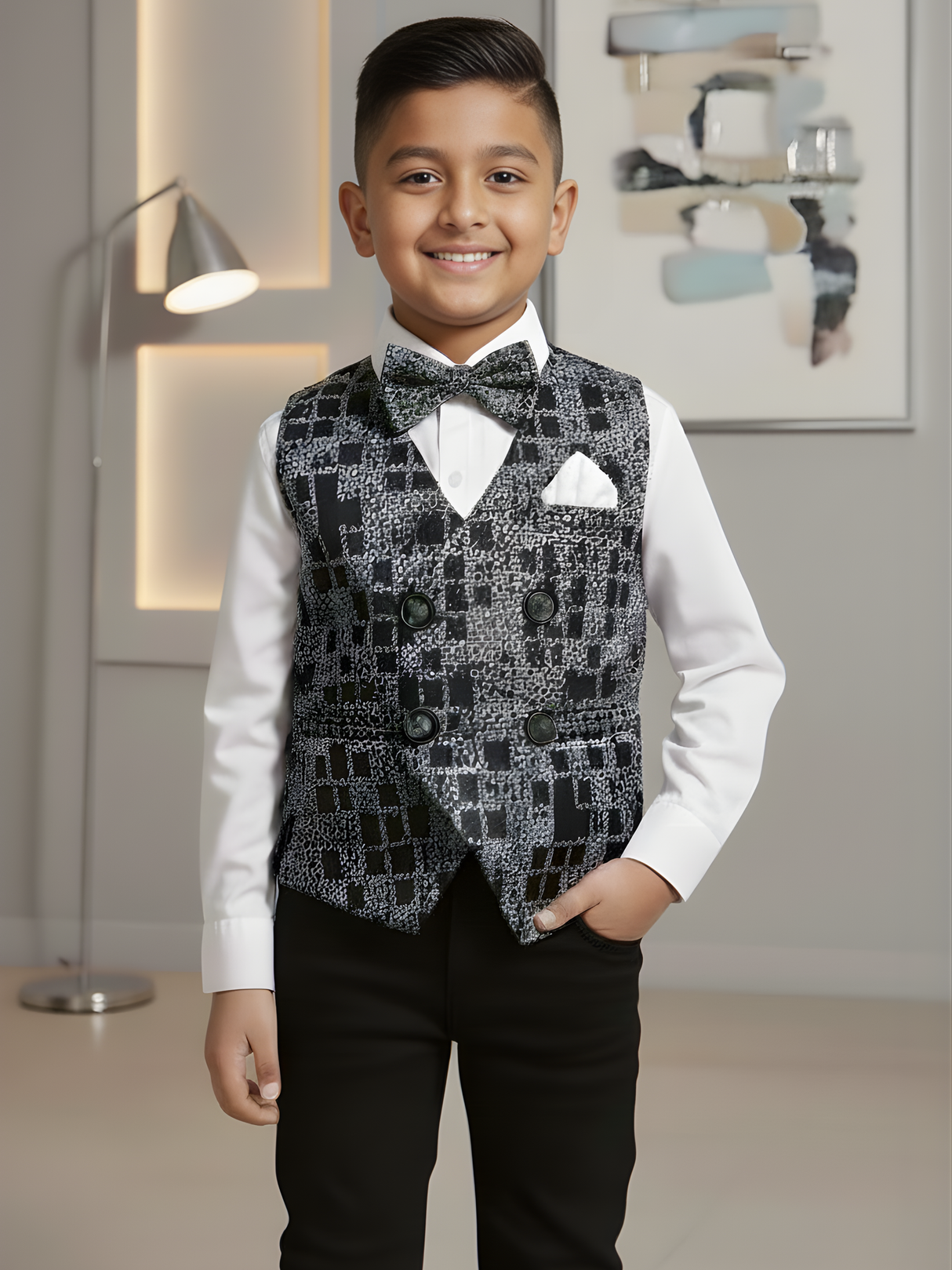 Boys' Black Geometric Print Formal Waistcoat Suit with Bow Tie