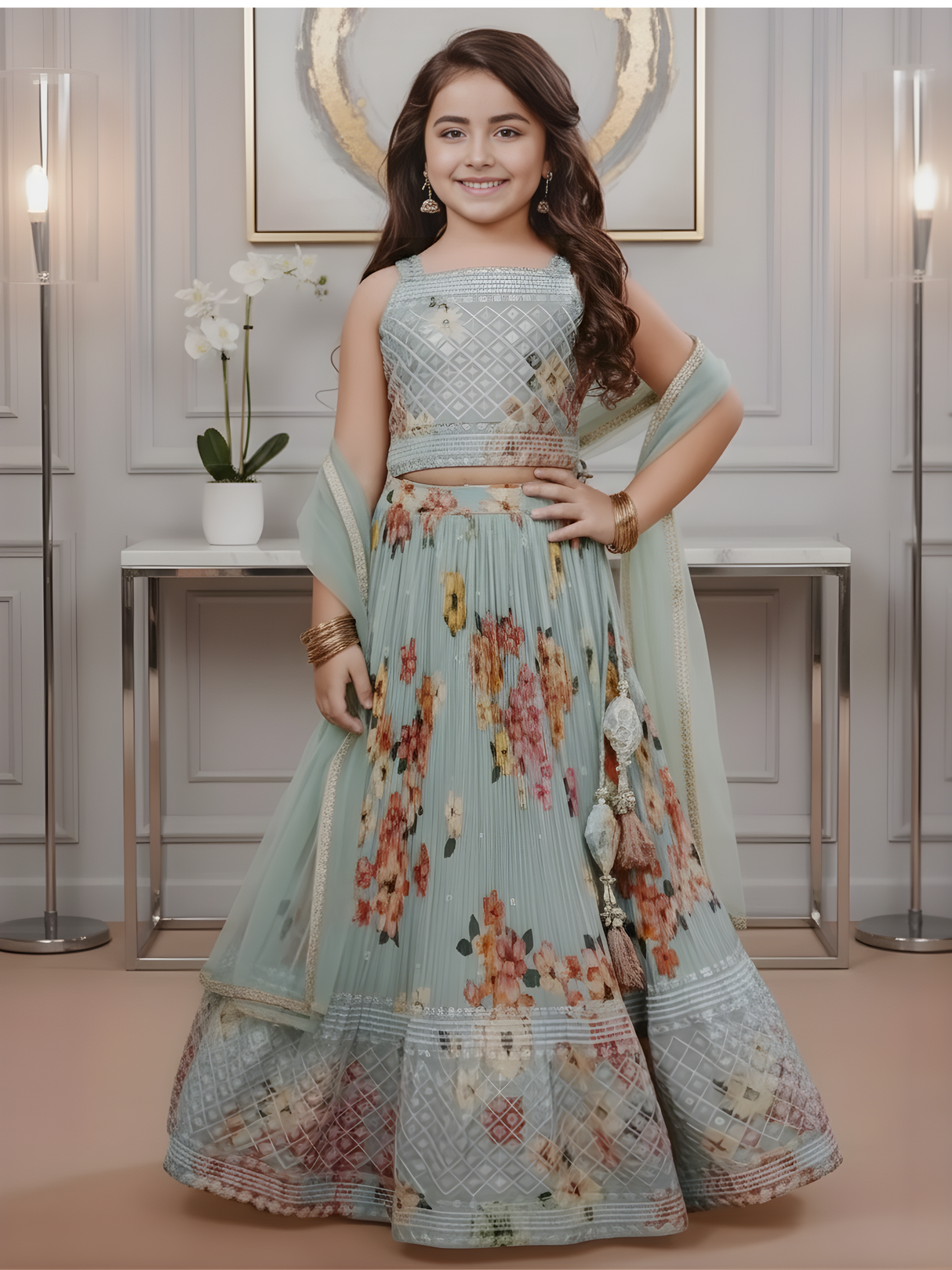 Girls' Sea Green Floral Printed Georgette Choli Lehenga Set