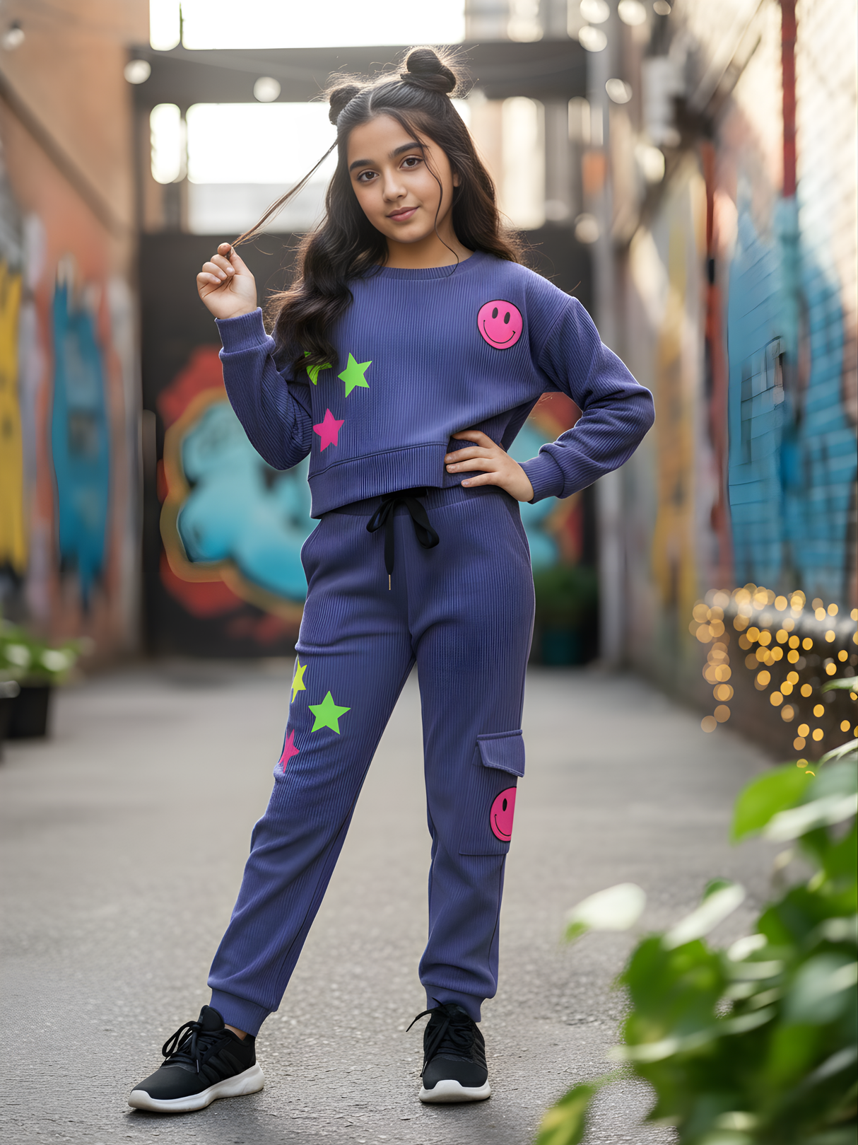 Girls Purple Neon Star & Smiley Ribbed Co-ord Set