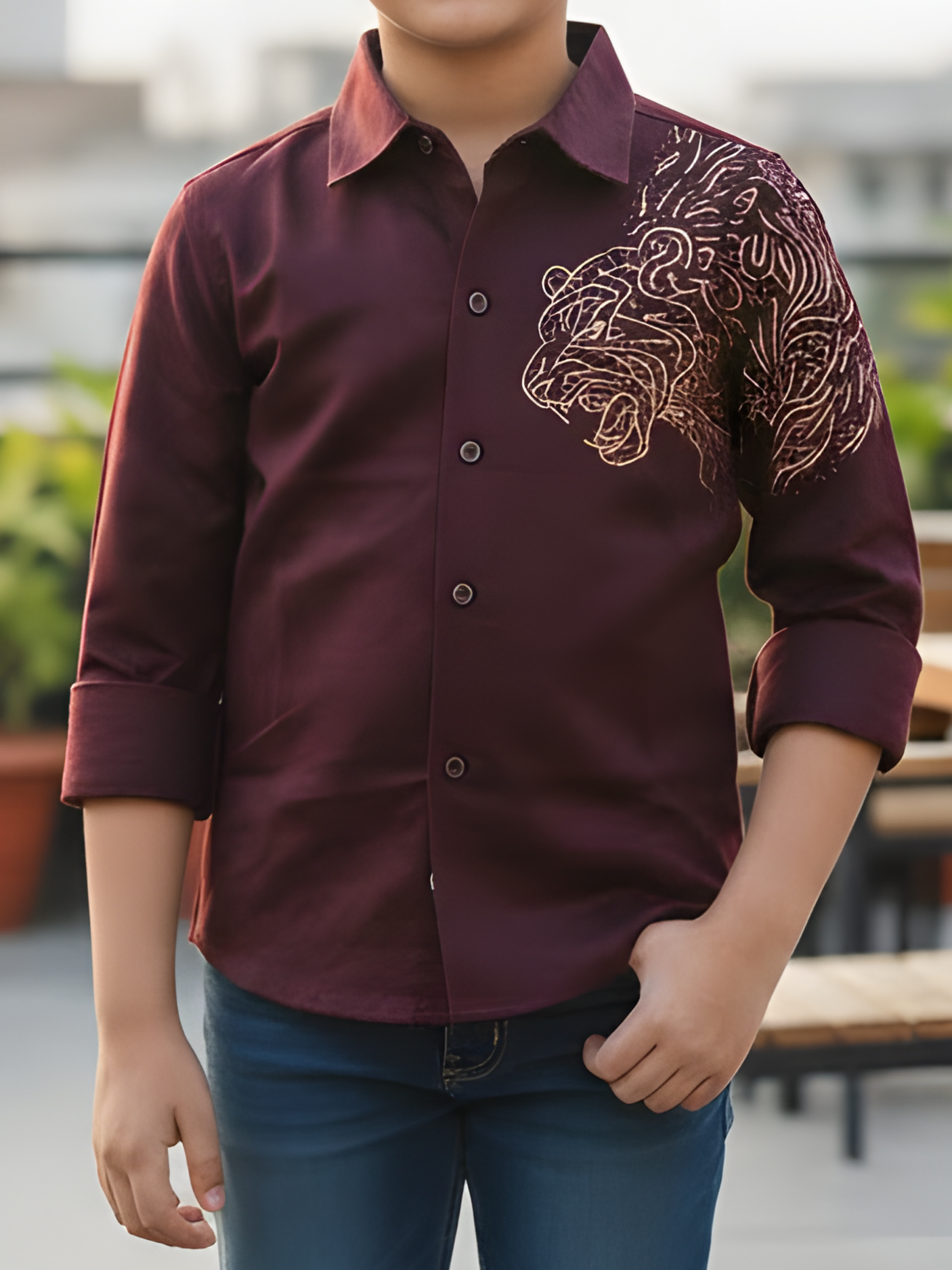 Boys Maroon Lion Art Party Wear Shirt