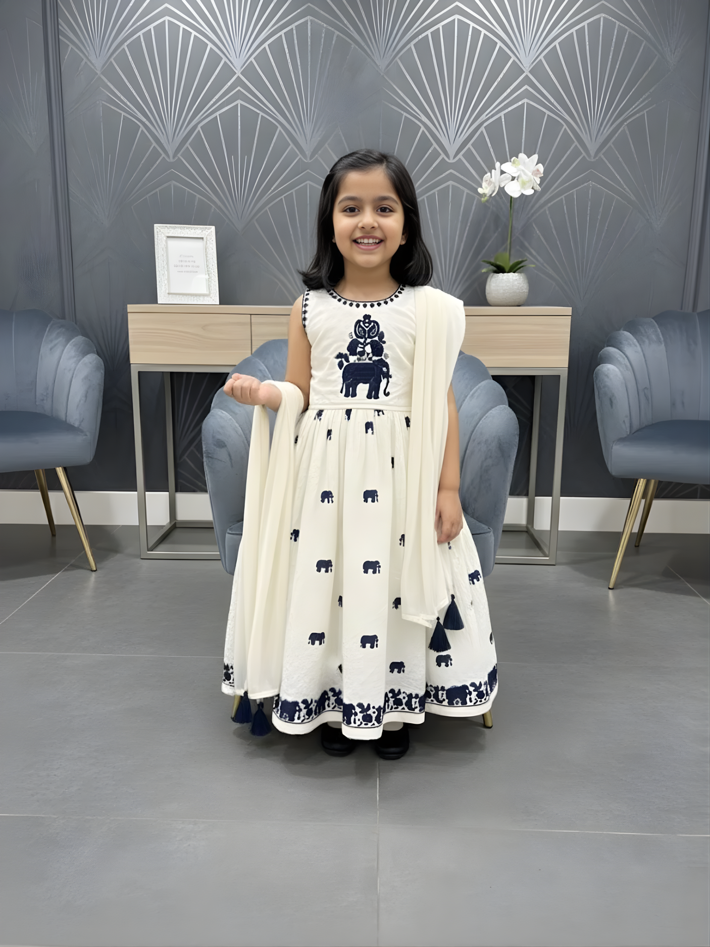 Girls' Cream Sleeveless Embroidered Gown with Navy Elephant Motifs