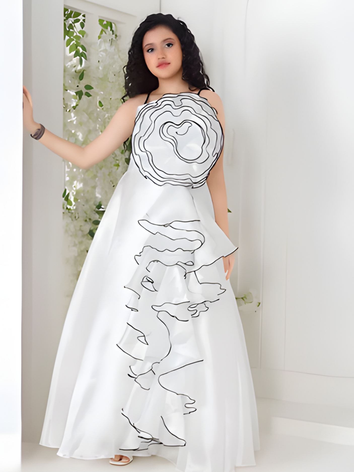 Girls' White Organza Gown with Oversized Floral Ruffle Detail