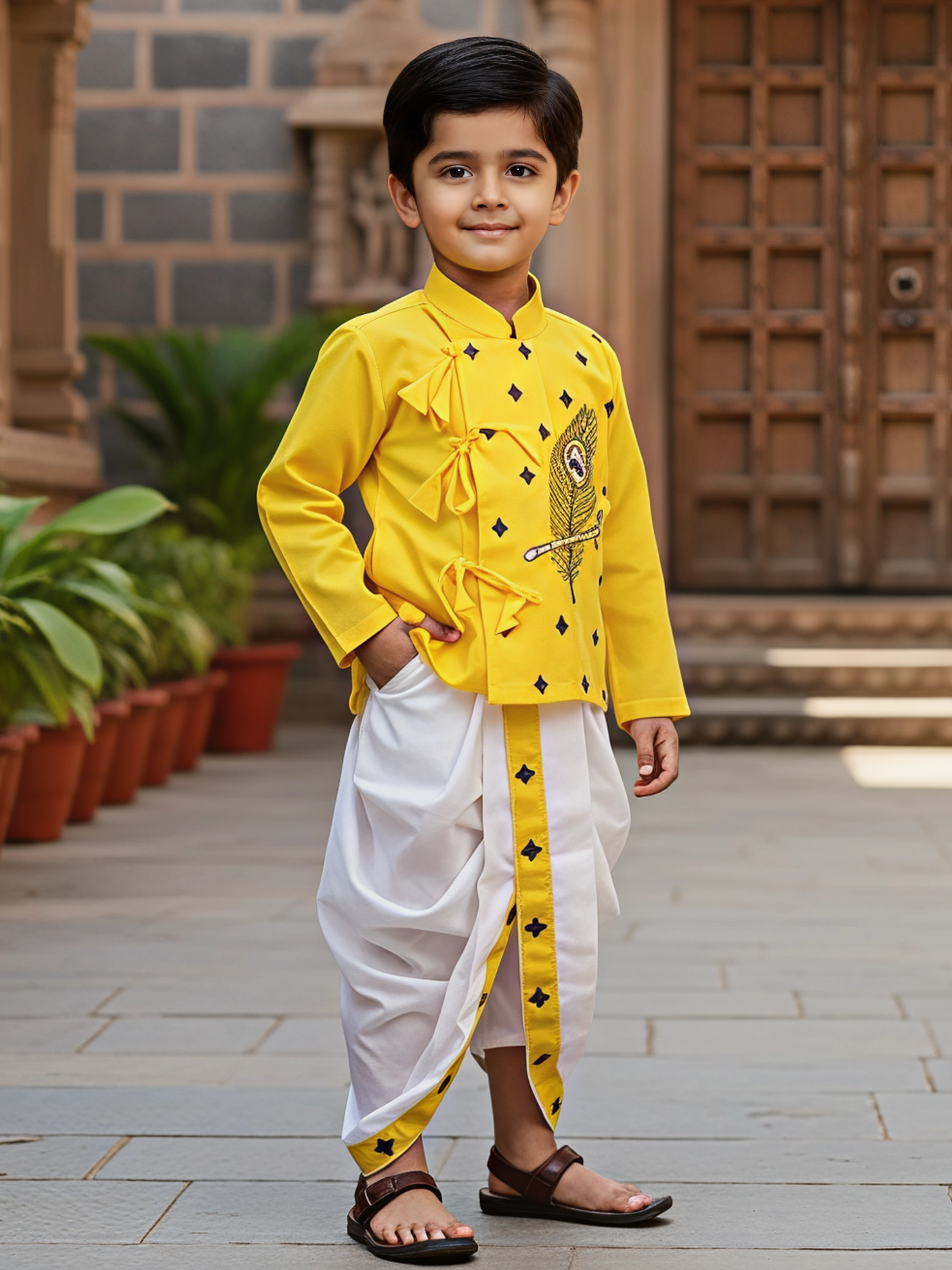 Boys Yellow Angrakha Kurta and White Dhoti Set with Peacock Feather Embroidery