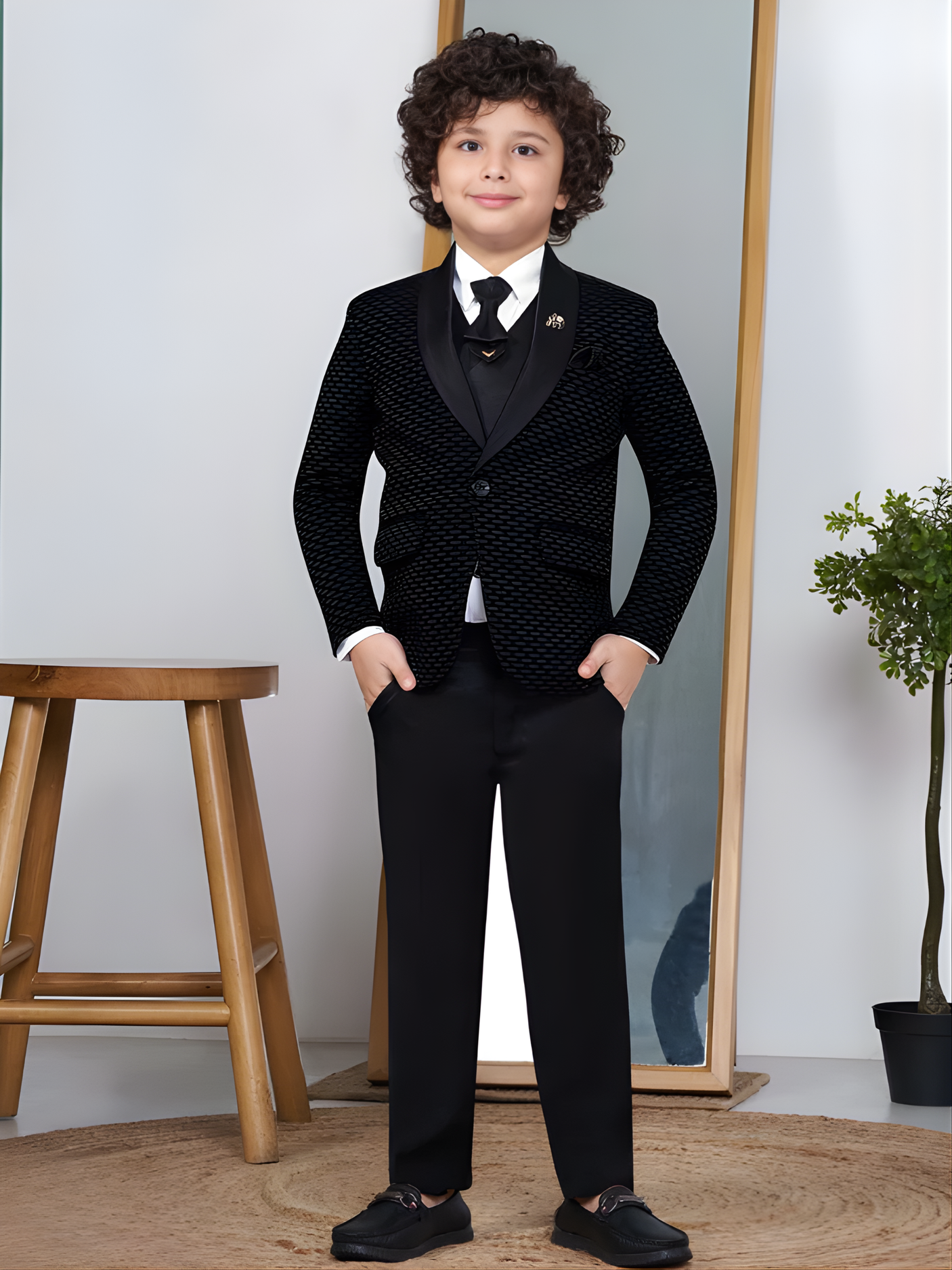 Boys' Black Textured Coat Suit with Waistcoat and Bow Tie