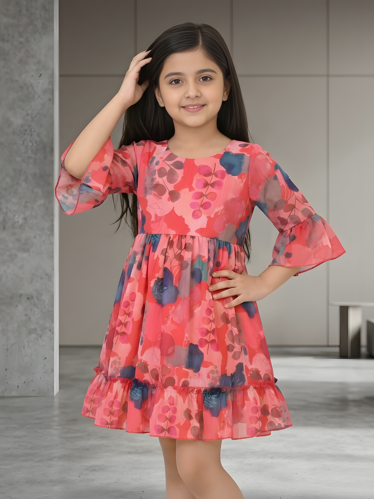 Vibrant Watercolor Floral Frock with Bell Sleeves and Ruffle Hem