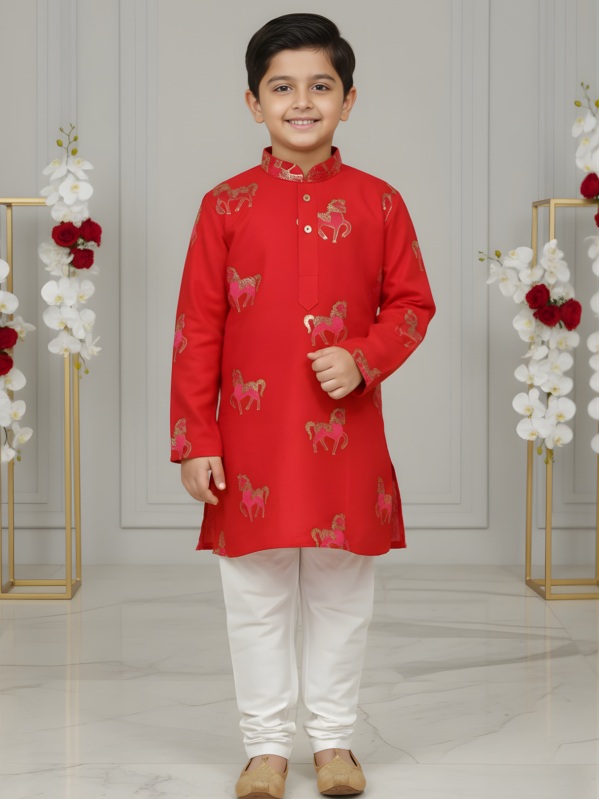Boys' Red Kurta Set with Pink Horse Print & White Pajamas