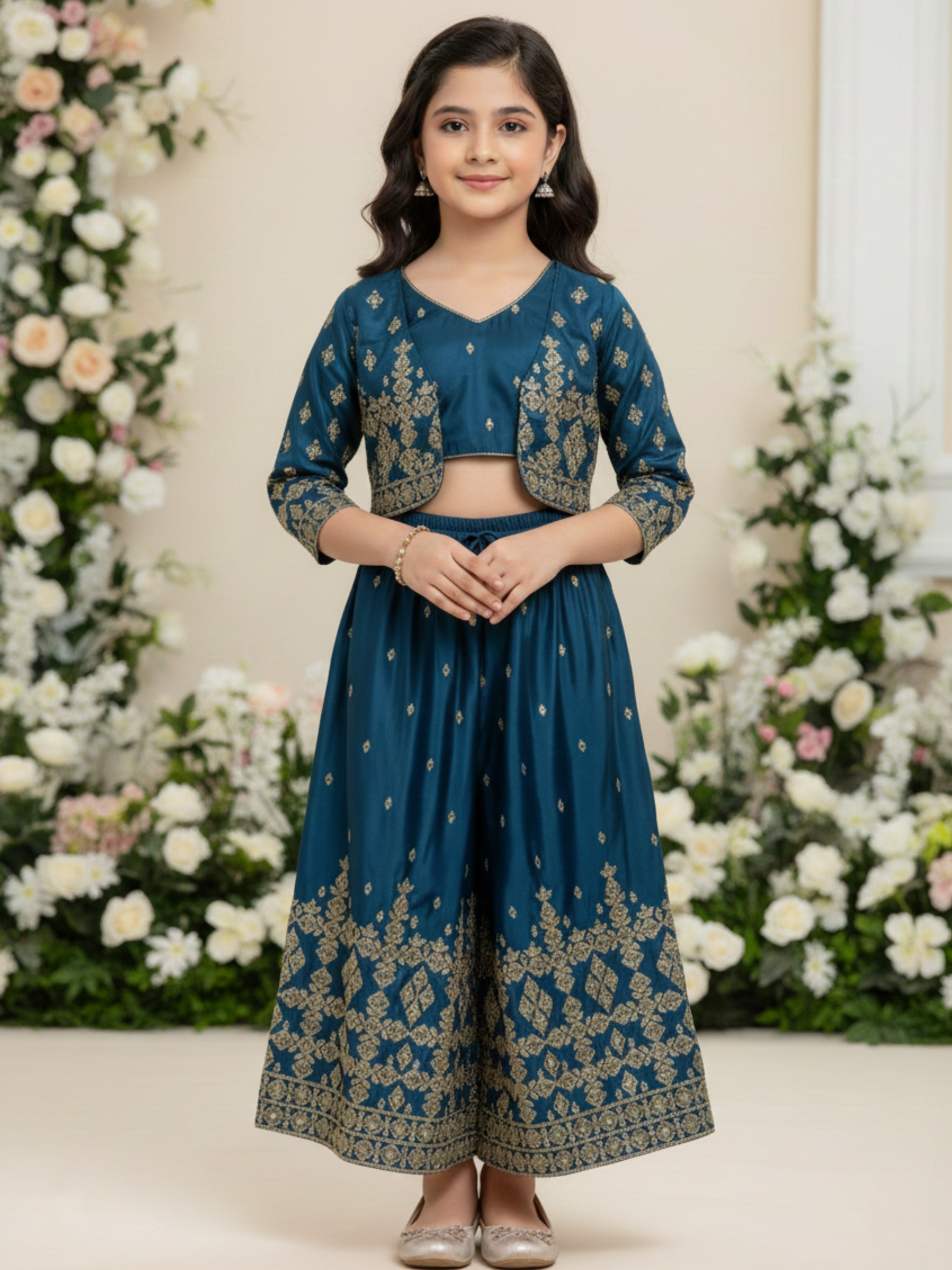 Girls' Deep Teal (Grey) Embroidered Crop Top, Palazzo & Jacket Set