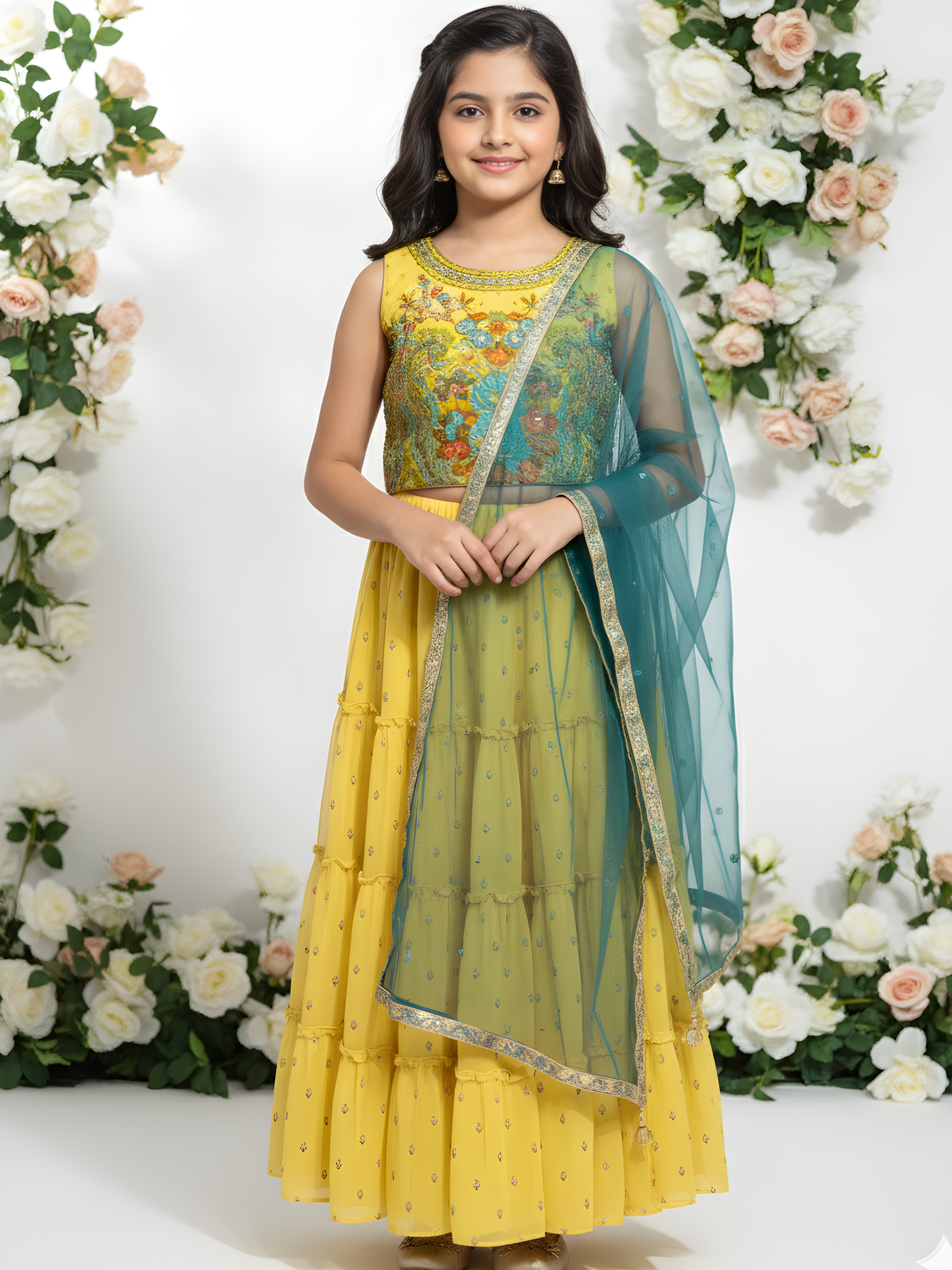Girls' Heavily Embroidered Yellow Choli, Tiered Skirt, and Teal Dupatta Set