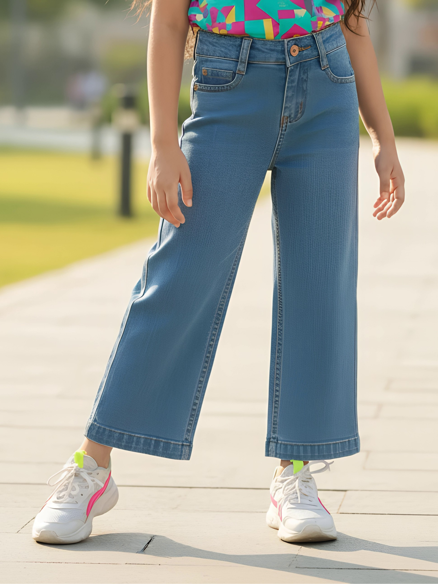 Girls' High-Waist Blue Wide-Leg Denim Jeans