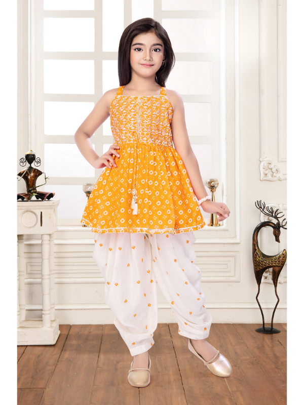 Girls Traditional Sleeve Less Patiala Set - Lemon Yellow