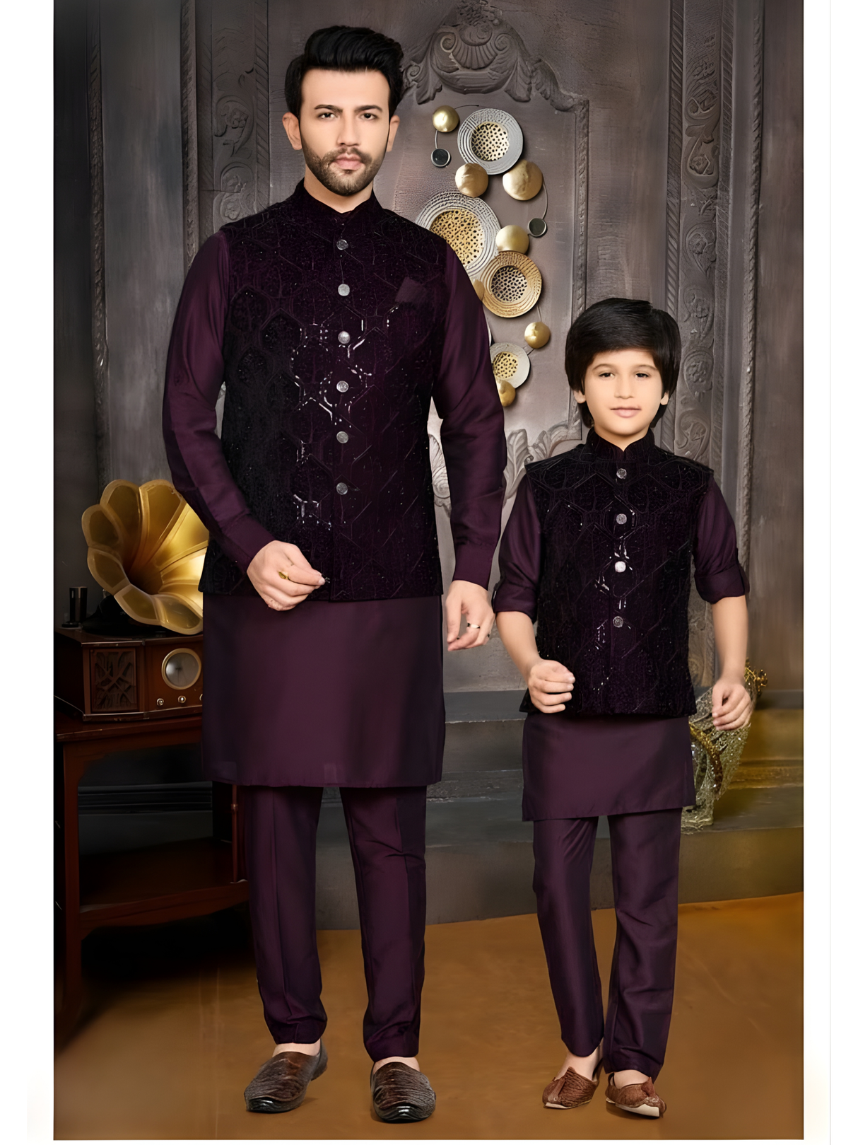 Boys' Dark Purple Kurta Set with Sequin Embroidered Waistcoat